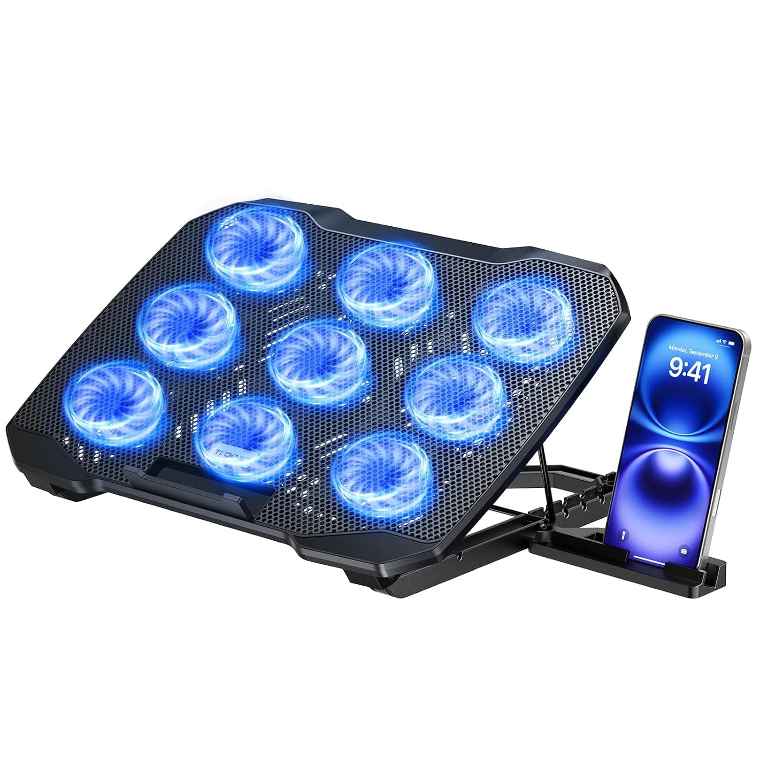 TECKNET Laptop Cooling Pad, 12"-17" Laptop Cooler with Phone Holder, Black | Laptop Cooling Stand with 9 Quiet Fans at 2600RPM, 5 Heights Adjustable, 2 USB Ports, Suitable for Gaming