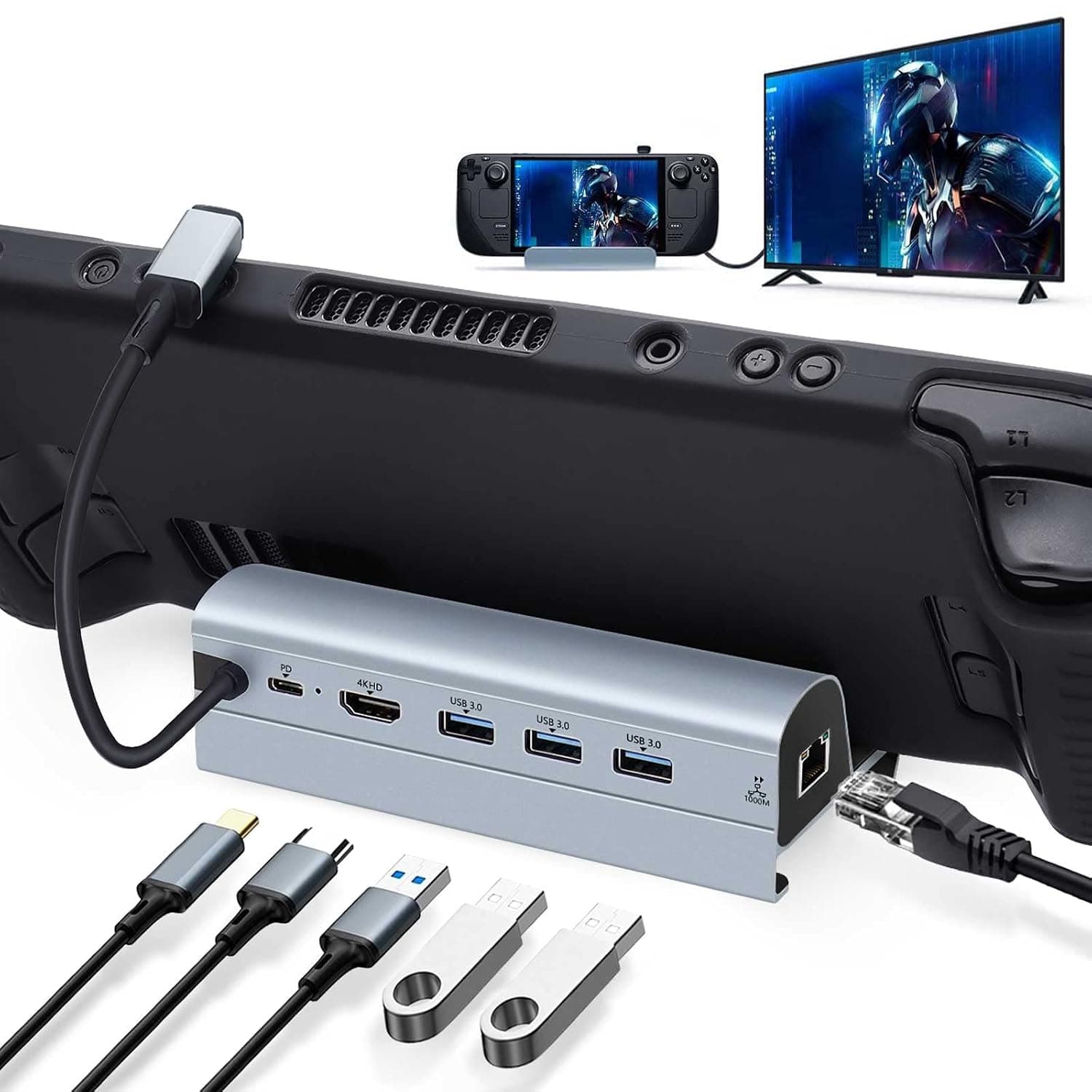 Steam Deck Dock, Docking Station for Steam Deck 6 in 1 Hub Holder with HDMI 4K@60Hz,3 USB-A 3.0,Gigabit Ethernet, USB-C Charging Port for Steam Deck