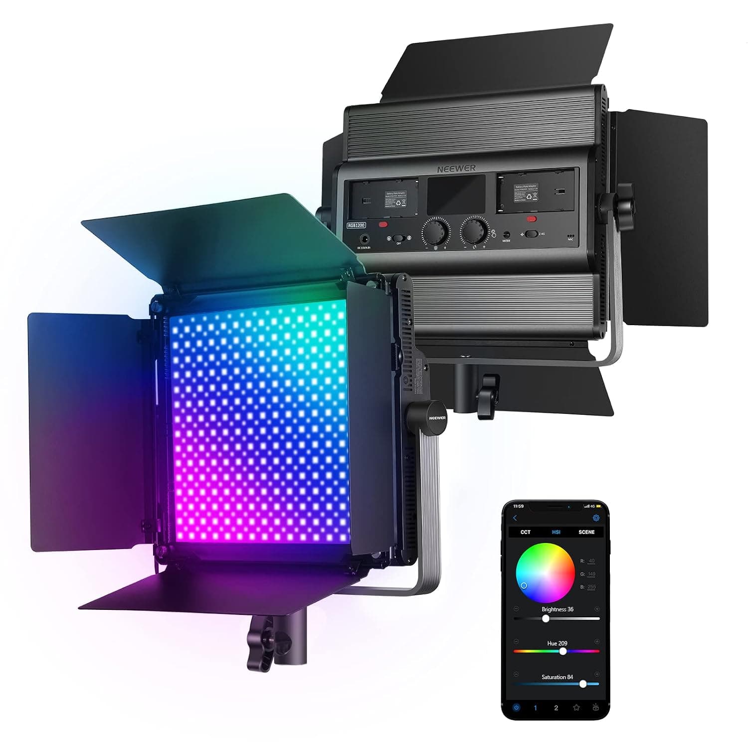 Neewer RGB1200 60W RGB LED Video Light with APP & 2.4G Control, 22000 Lux/0.5m/1% Precise Min Dimming/360° RGB/CRI 97+/TLCI 98+/2500K-8500K/18 Light Scenes for Studio Lighting Photography Videography | Studio Photography Lighting, 22000Lux/0.5m, 1% Dimming, 360° Full Color, CRI97+, TLCI98+, 2500K-8500K, 18 Effect, Barndoor