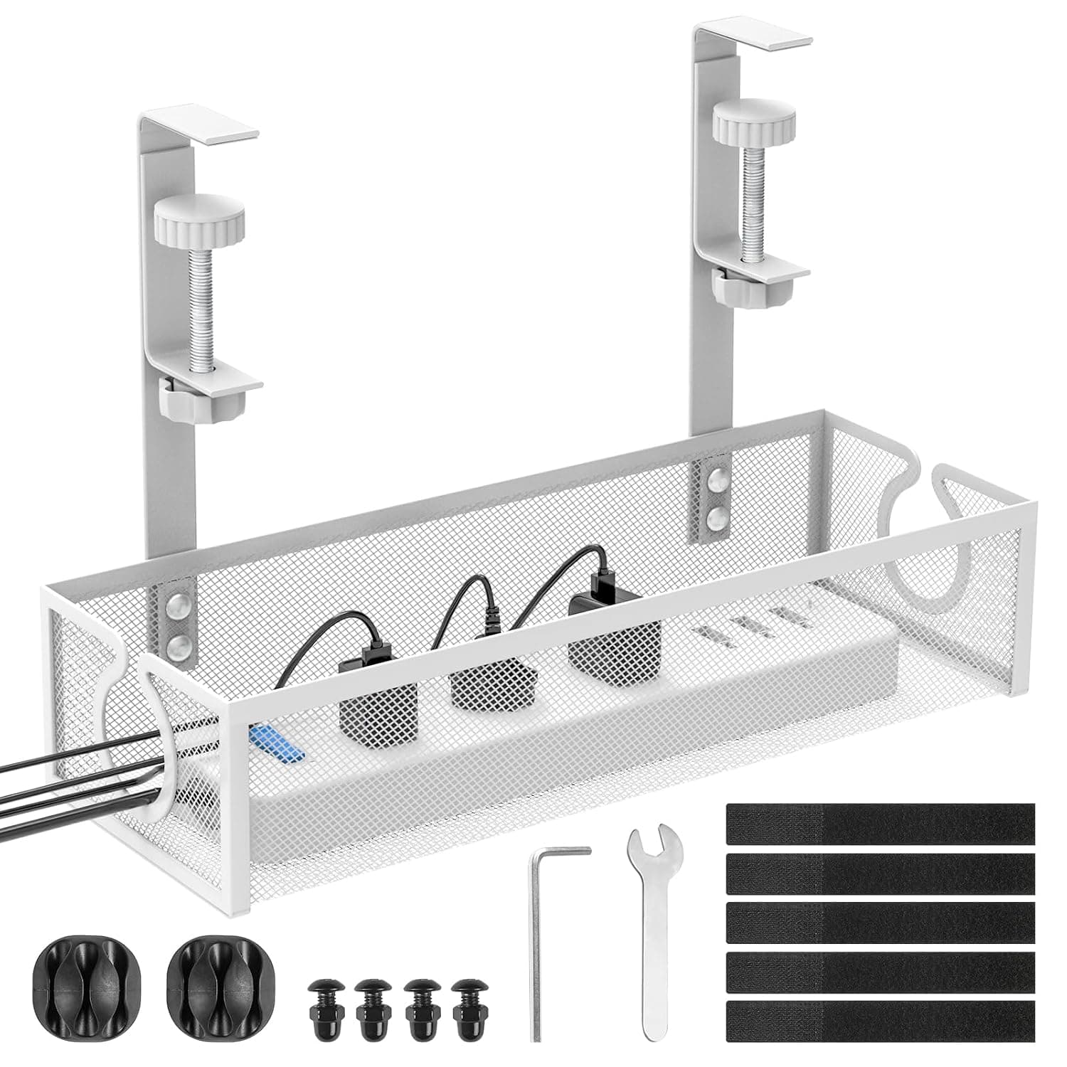DECOHOME Under Desk Cable Management Tray, No-Drill, White, 1 Pack | 34 cm Metal Desk Cable Tidy with Clamp Mount for Power Strips, Adaptors and Cords, Fits 1-5 cm Desk Edges