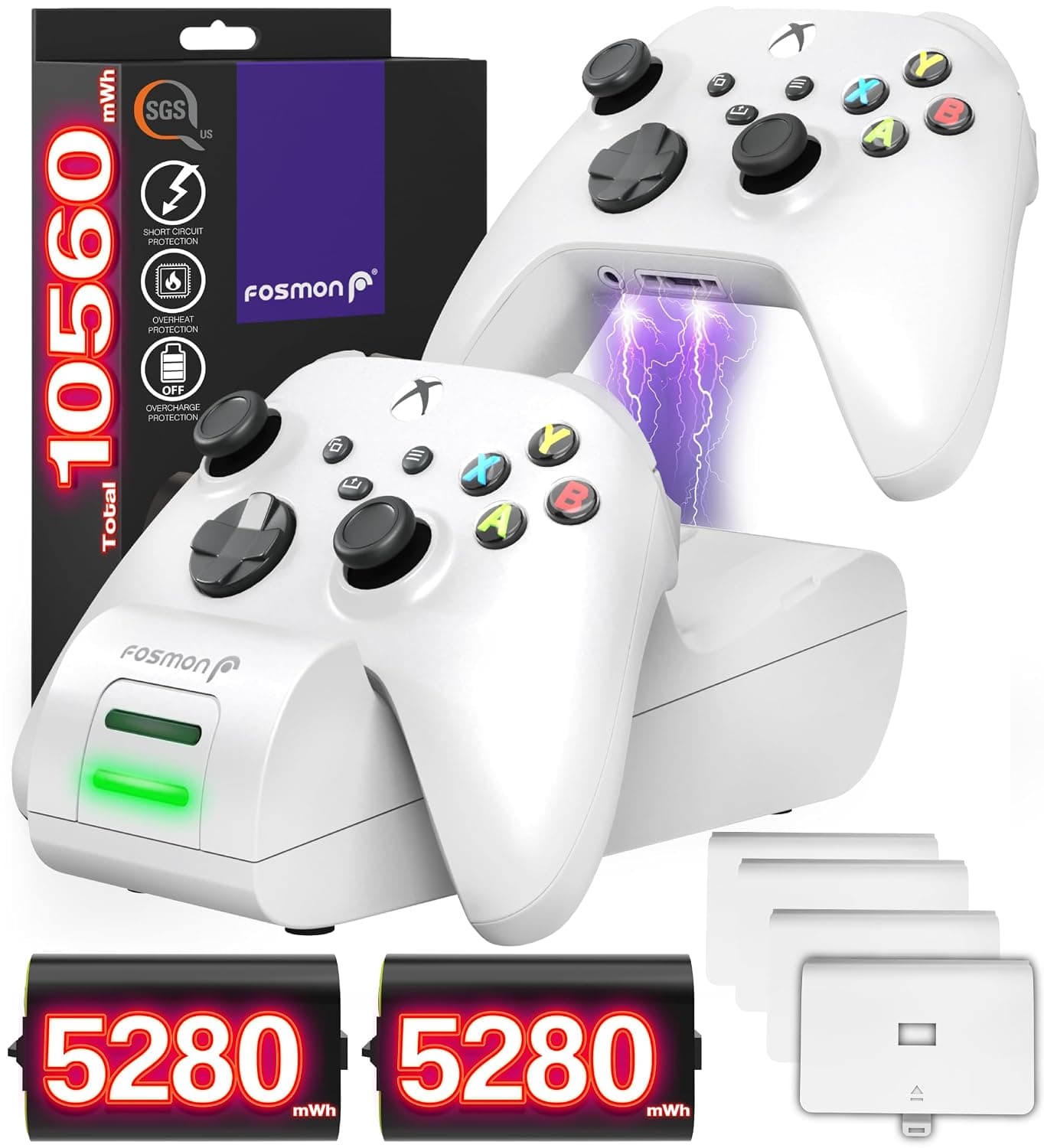 Fosmon Dual 2 MAX Charger with 2x 2200mAh Rechargeable Battery Pack Compatible with Xbox Series X/S(2020), Xbox One/X/S Elite Controllers, High Speed Charging Docking Station Kit - White