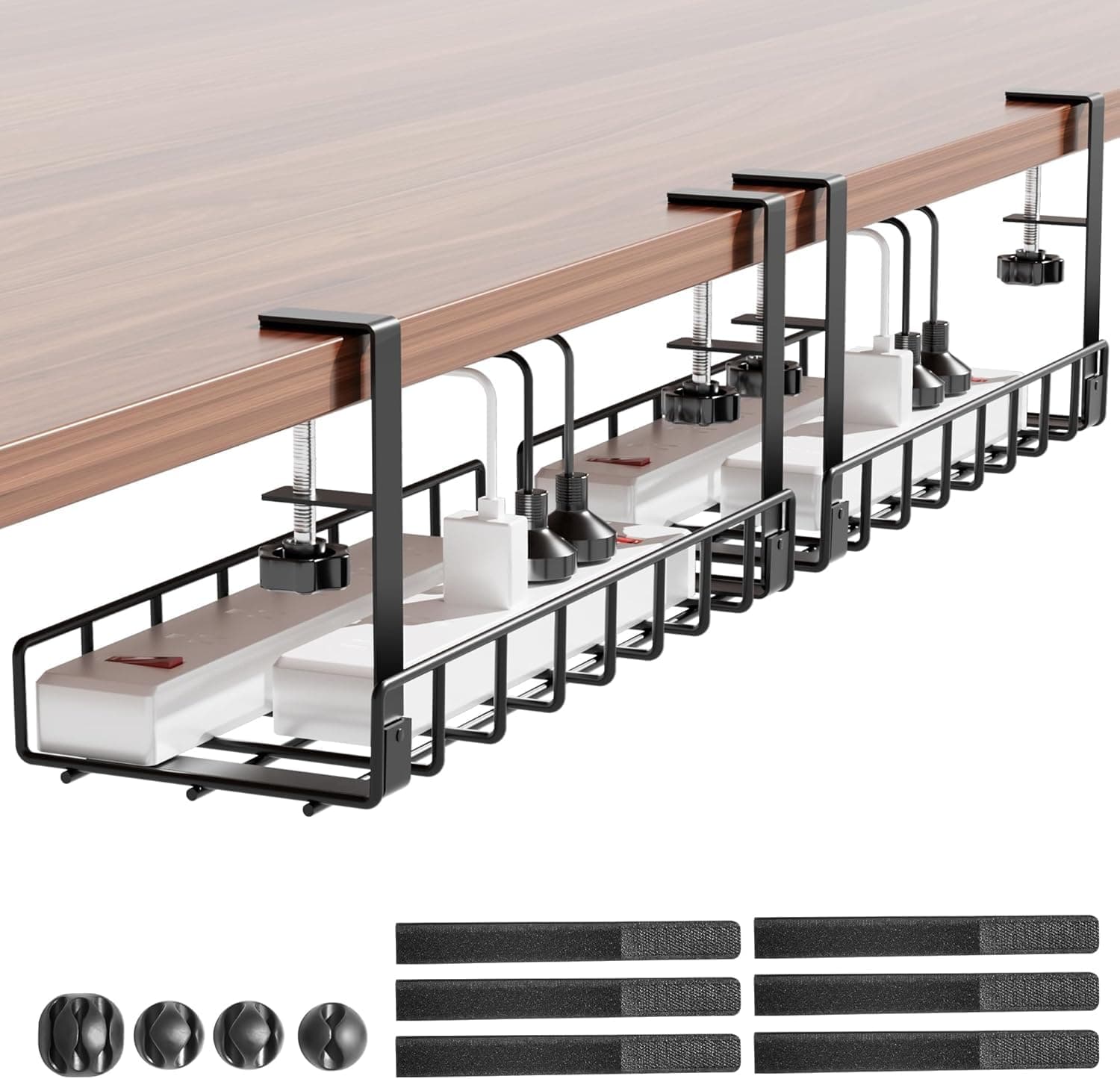 Under Desk Cable Management Tray, Xpatee Upgraded Wire Management No Drill No Screws, Cable Tray with Clamp for Desk Wire Management (Black 2Pack)