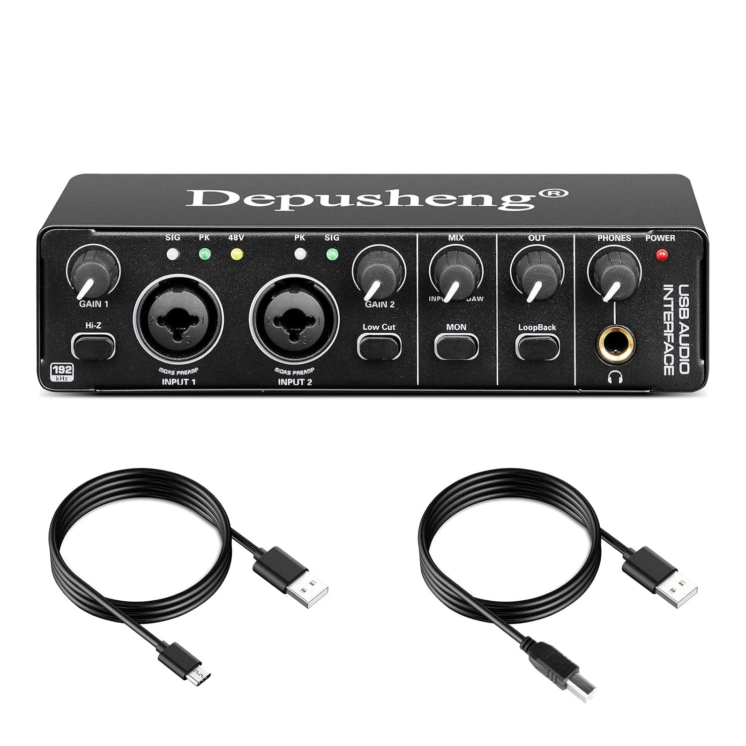 Depusheng RX2 USB audio interface computer recording sound card audio mixer, audio interface for home studio, can connect 48V condenser microphone, guitar recording
