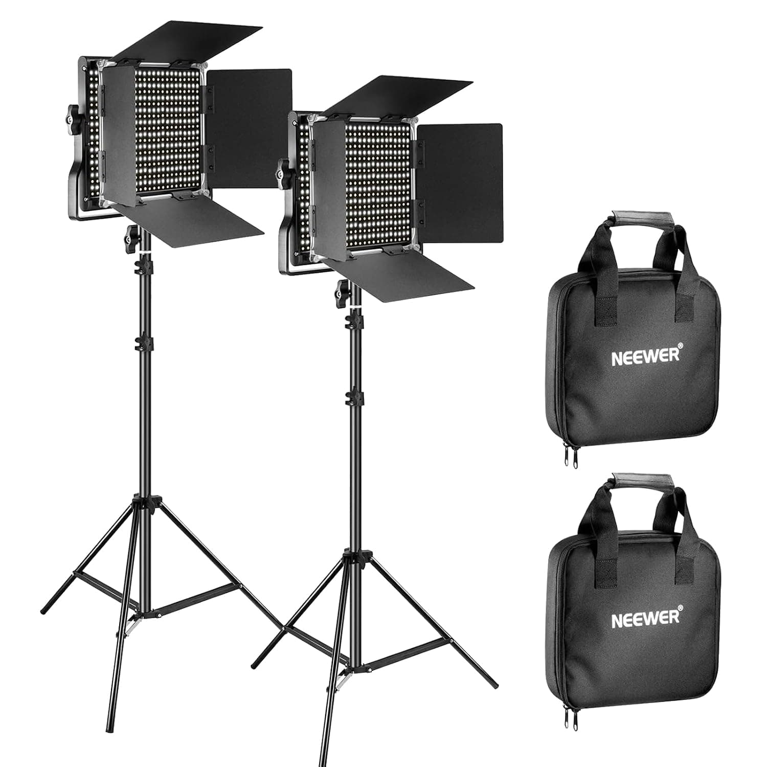 NEEWER 2 Pack Bi Color 660 LED Video Light and Stand Kit: (2) 3200-5600K CRI 96+ Dimmable Light with U Bracket and Barndoor, (2) 75 inches Light Stand for Studio Photography, Video Recording (Black)