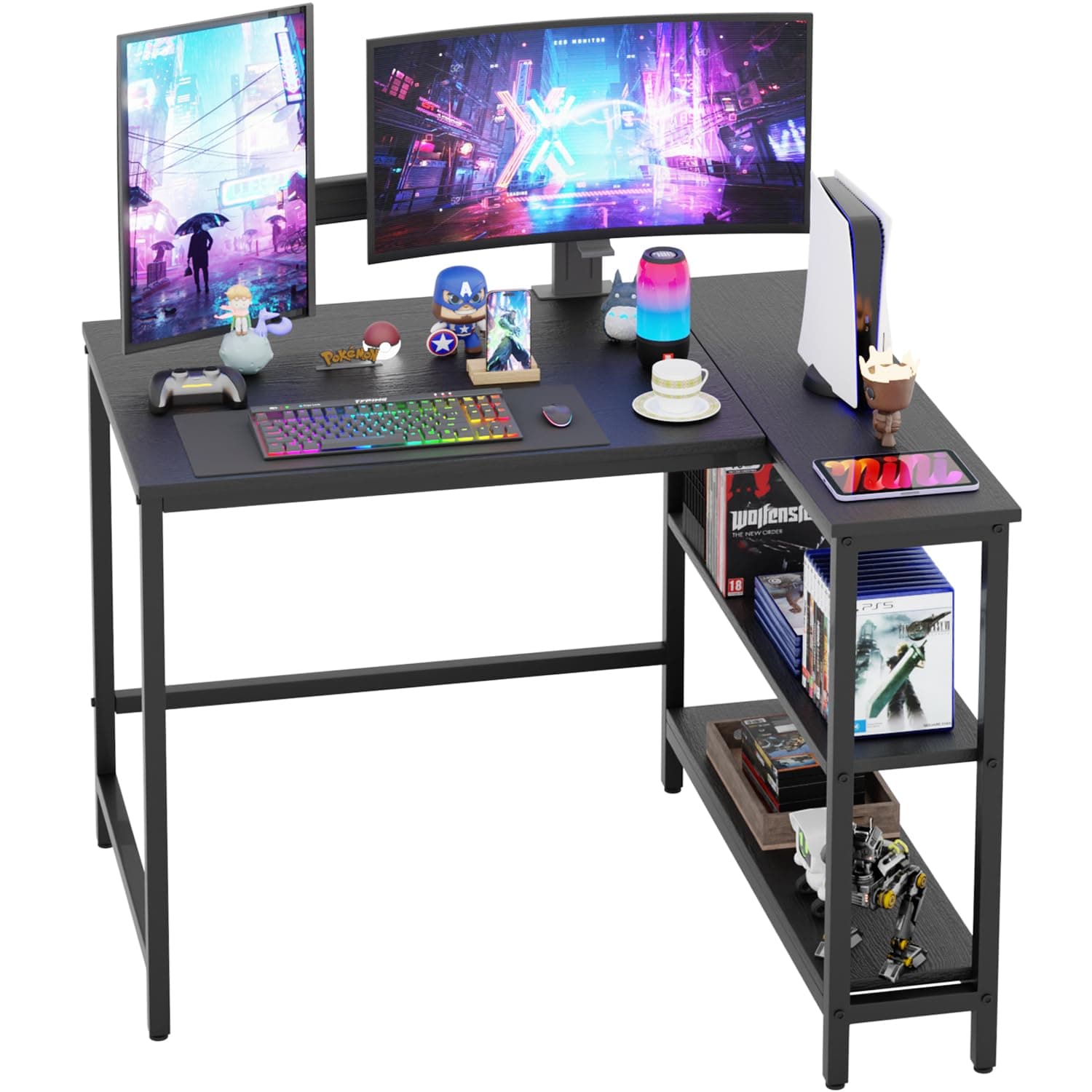 PayLessHere 100cm L-Shaped Computer Gaming Desk | Metal Frame Reversible Storage Corner Desk Black office work & study in bedroom