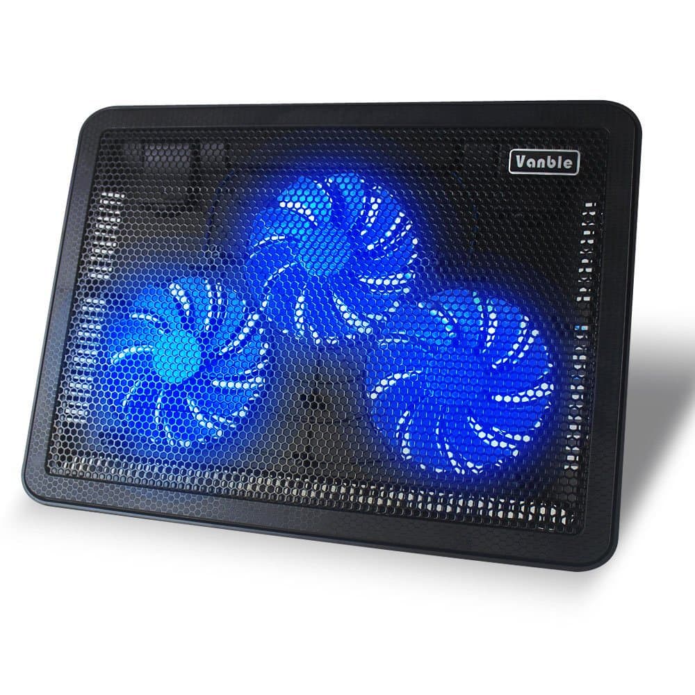 Laptop Cooling Pad, Vanble Portable 15.6-17 inch Chill Mat with Three Quiet 110mm Blue LED Fans & Dual USB Ports & Adjustable Height Setting, USB Powered, 100% Warranty – Black