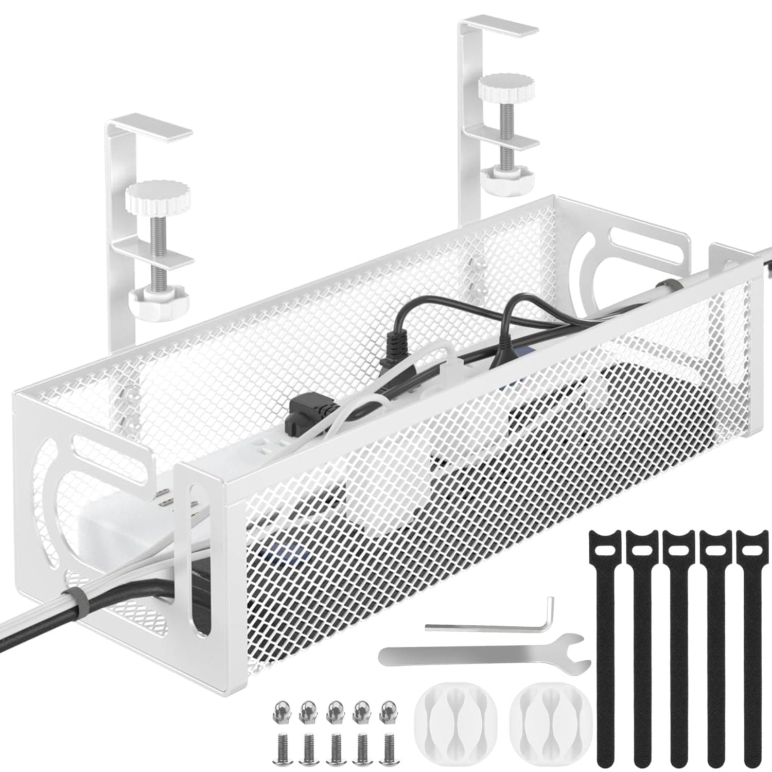 Tivddikun Cable Management, Under Desk Cable Management, Desk Cable Tidy | Cable Tray Under Desk, Under Desk Cable Management Tray No Drill with Clamp Mount, Cable Organiser for Home Office, White