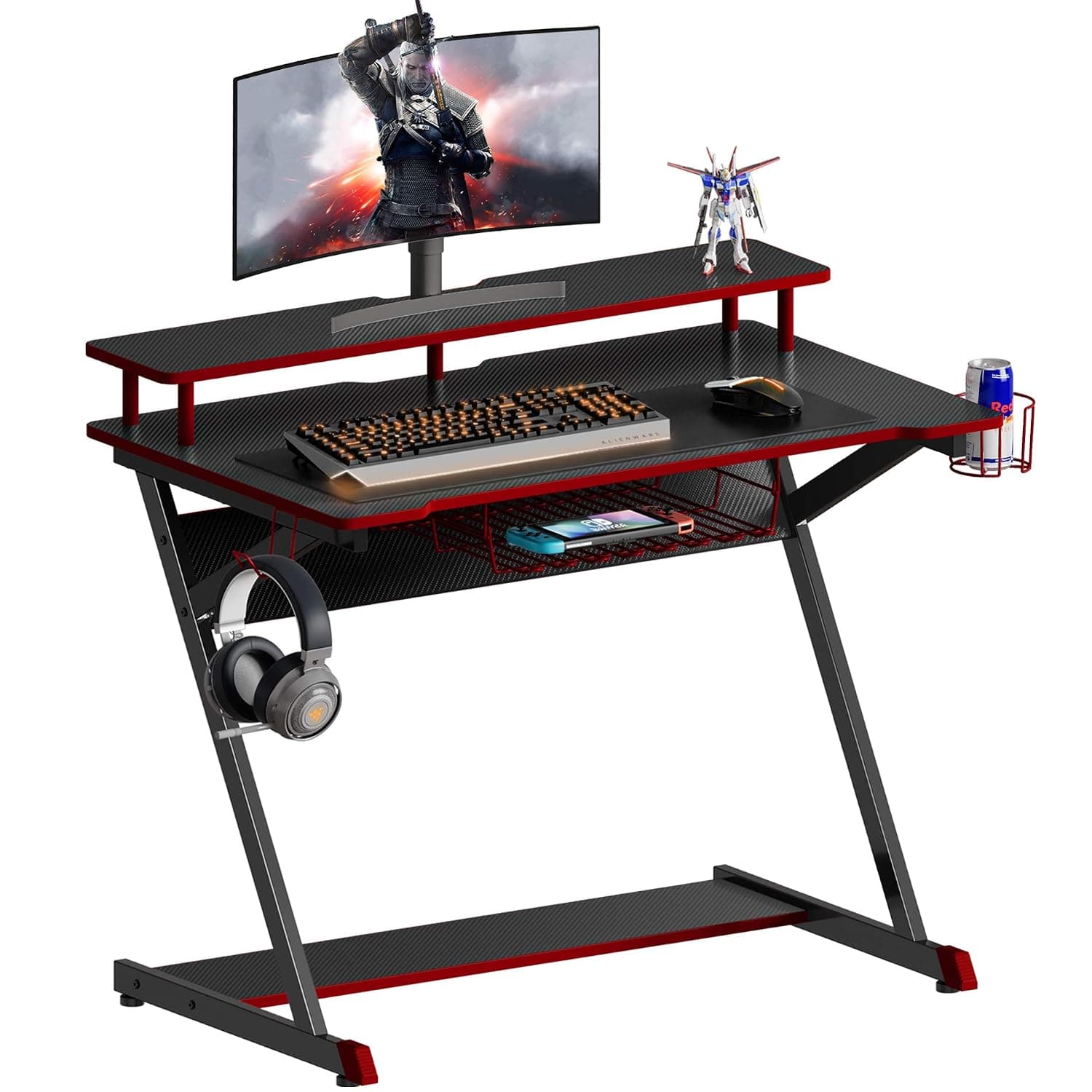 HOMOOI Gaming Desk, Ergonomic PC Computer Desk, Z-Shaped Gaming Table, Carbon Fiber Desktop with Monitor Riser, Cup Holder, Headphone Hook, Gamepad Holder for Home Office 100x60x84cm CD310005CB