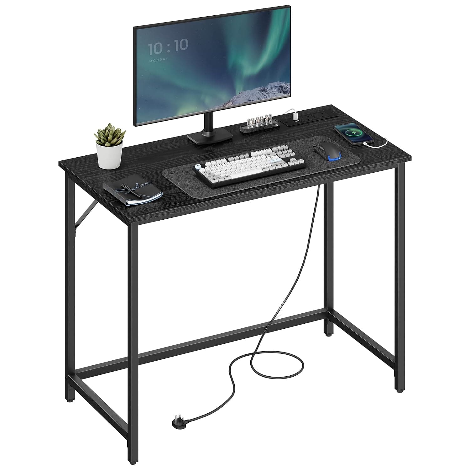 VASAGLE Computer Desk with LED Lights and Built-In Power Outlets | Gaming Desk, Office Desk, 50 x 100 x 76 cm, Space-Saving, Black, BARNET Collection LWD141B92