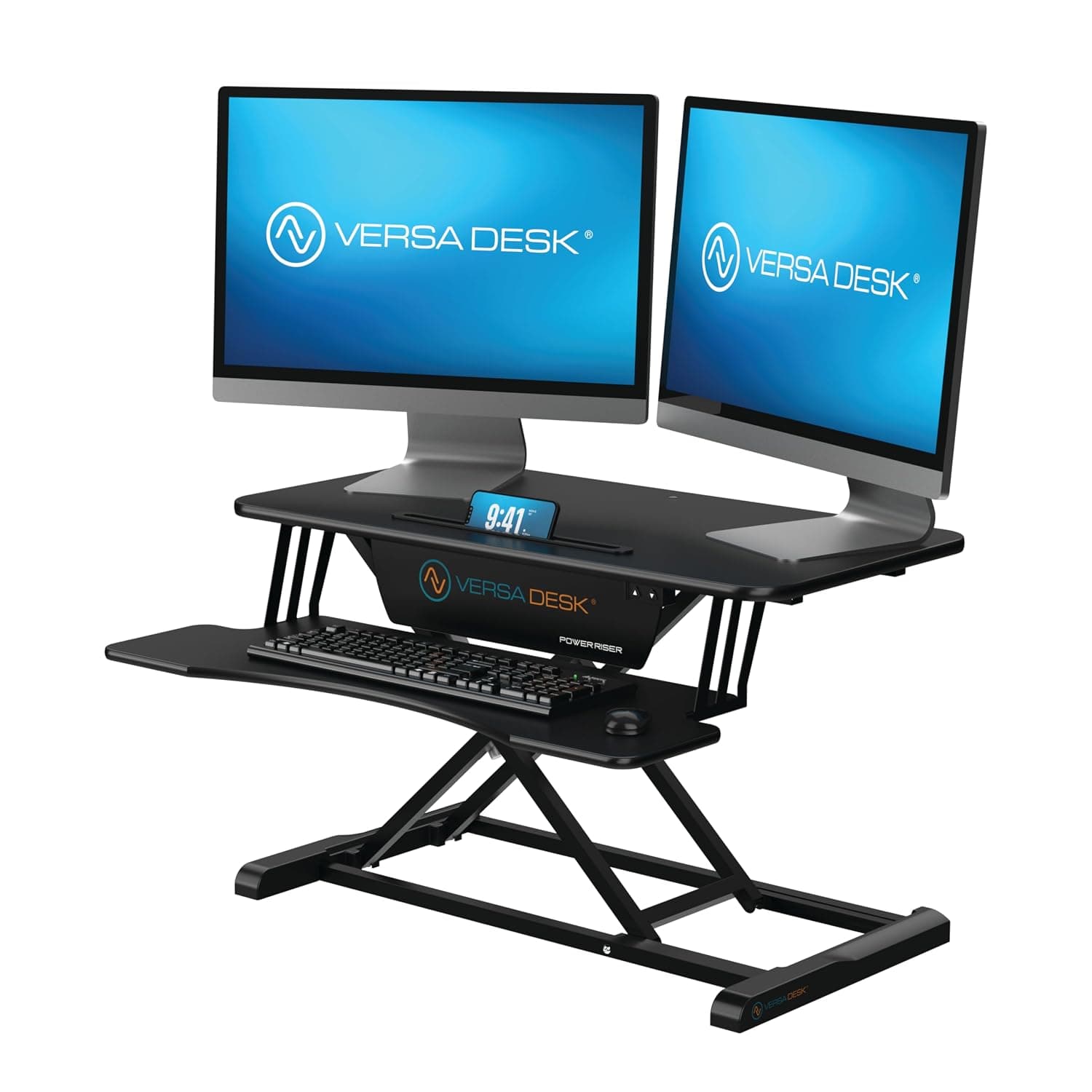 VERSADESK Power Riser 32" Electric Standing Desk Converter, Sit to Stand Up Height Adjustable Desk Riser, 2-Tier Tabletop Laptop and Dual Monitor Desktop Workstation with Wide Keyboard Tray, Black