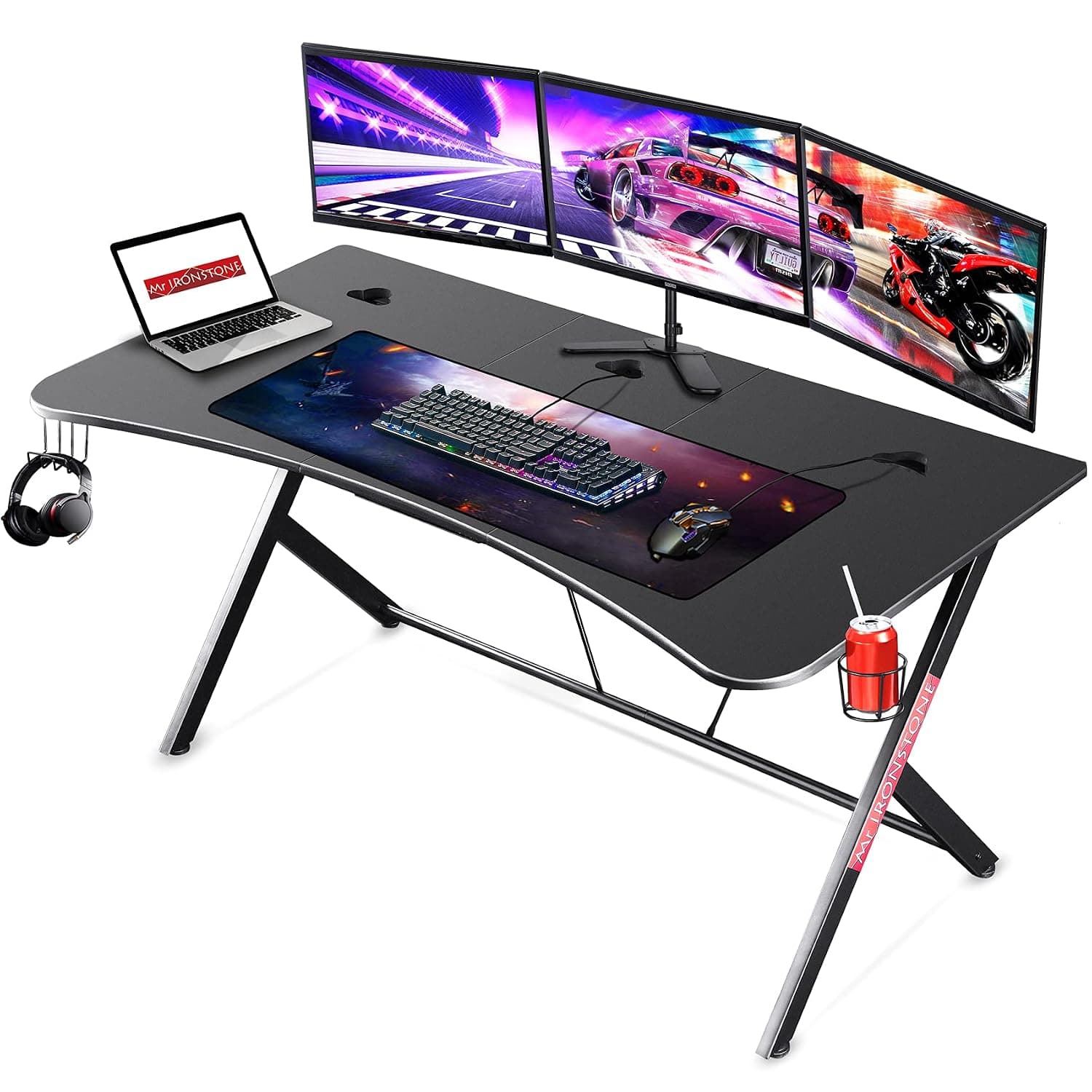Mr IRONSTONE Large Gaming Desk 63" W x 32" D Home Office Computer Table, Black Gamer Workstation with Cup Holder, Headphone Hook and 3 Cable Management Holes