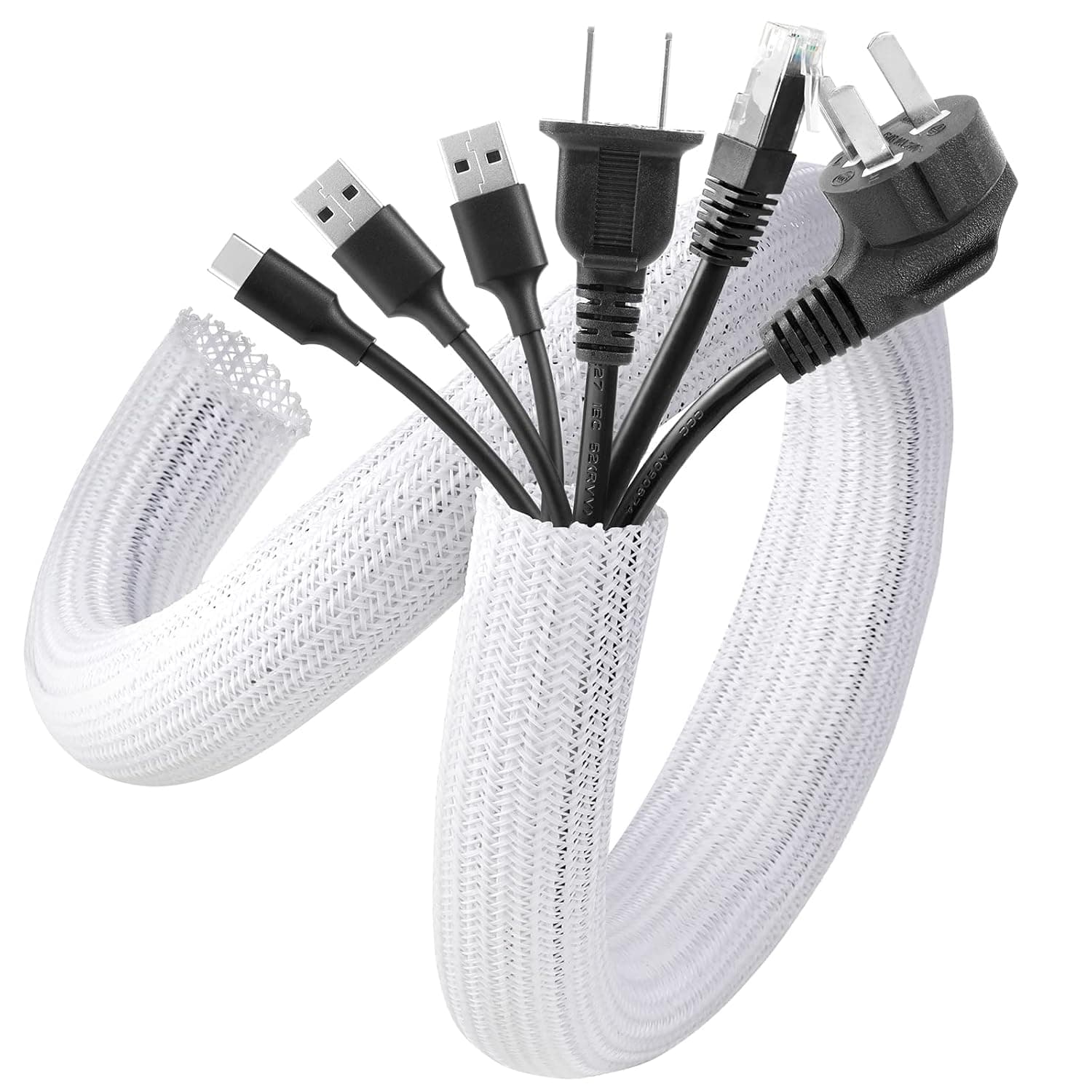 AGPTEK White Cable Tidy Sleeve 2 Pack 5ft - 1.2 inch Wire Cover Cord Organizer Cable Sheath for TV, Computer, Desk, Home, Theater, Car, White