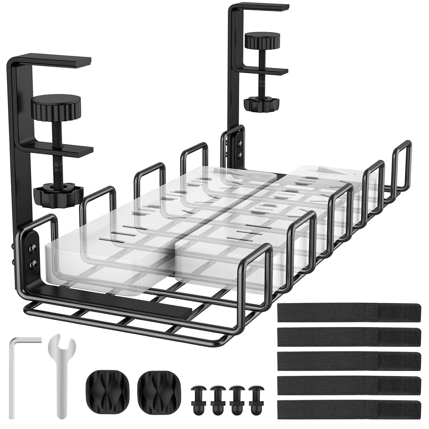 REFLYING No Drilling Under Desk Cable Management Tray, Upgraded Cable Tray with Clamp for Desk, Sturdy Metal Wire Management Raceway Tray for Power Strips, Black, 1 Pack
