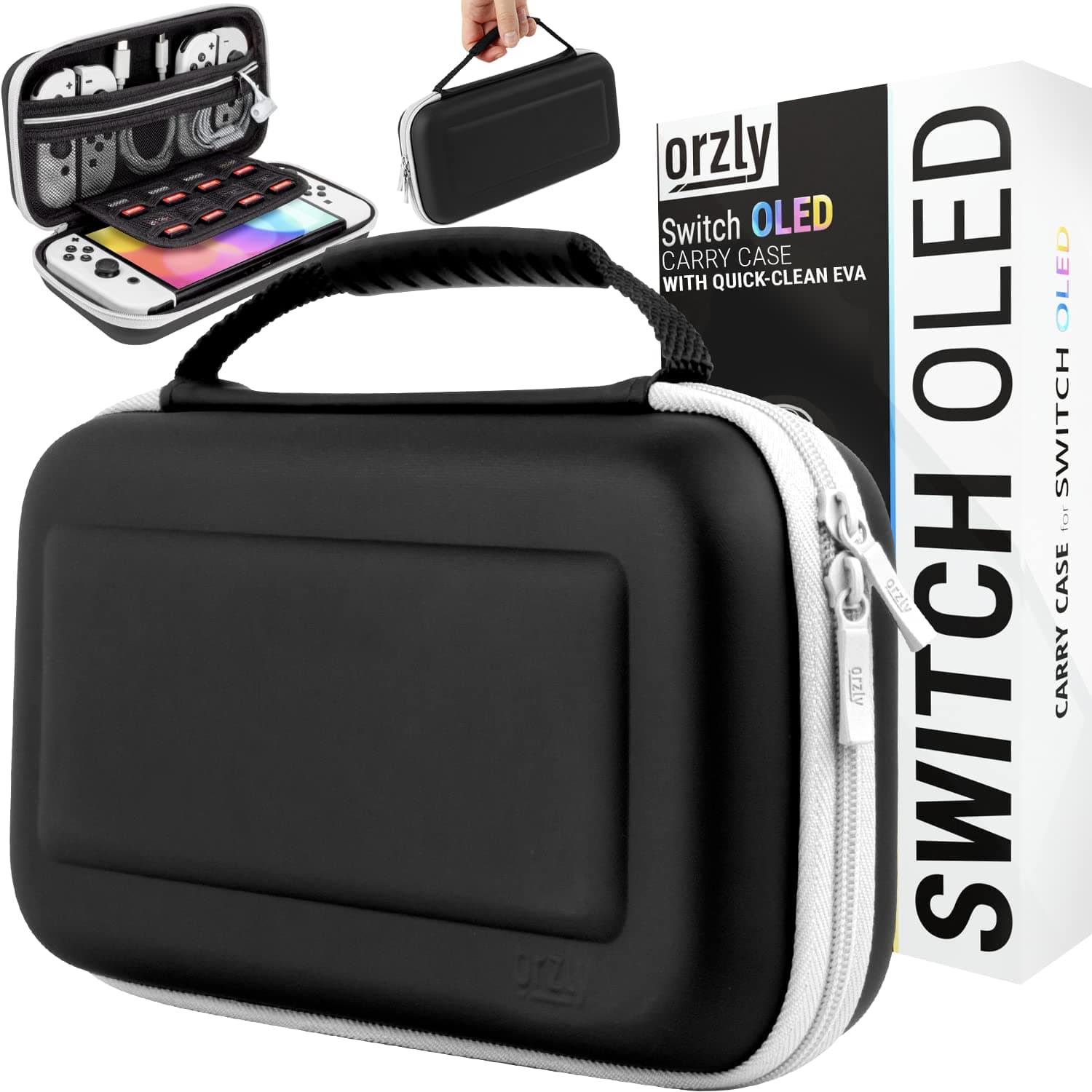 Orzly Travel Case for Nintendo Switch OLED Model and Standard Switch Console with Accessories and Games Storage Compartment - Easy Clean Case Gift Boxed Edition