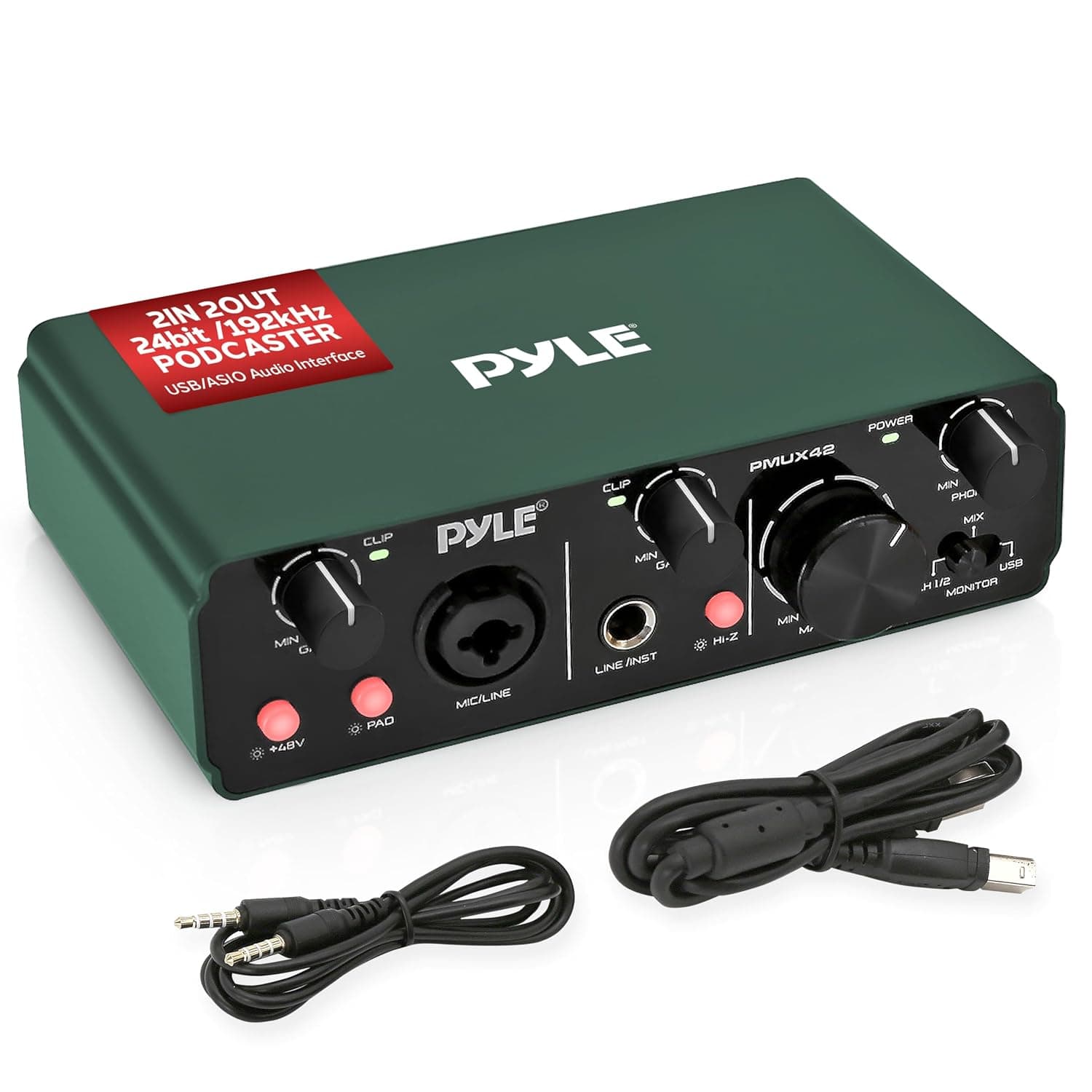 Pyle USB Audio Interface for Recording, Songwriting, Streaming & Podcasting, 2IN 2OUT 24bit/192kHz ASIO, High-Fidelity Studio Quality, Low-Noise, Rugged Metal Chassis, 5.91’’ x 3.94’’ x 1.75’’ Inch