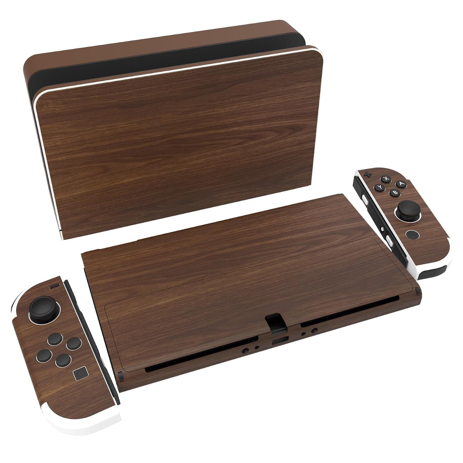 PlayVital Full Set Protective Stickers for Nintendo Switch OLED Model, Customized Vinyl Decal Skins for Switch OLED Console & Joycon & Dock & Grip - Wood Grain | Full Set, for Console, Dock & Grip, Decorative Foil, Precise Cutouts, Scratch Protection, Wood Grain