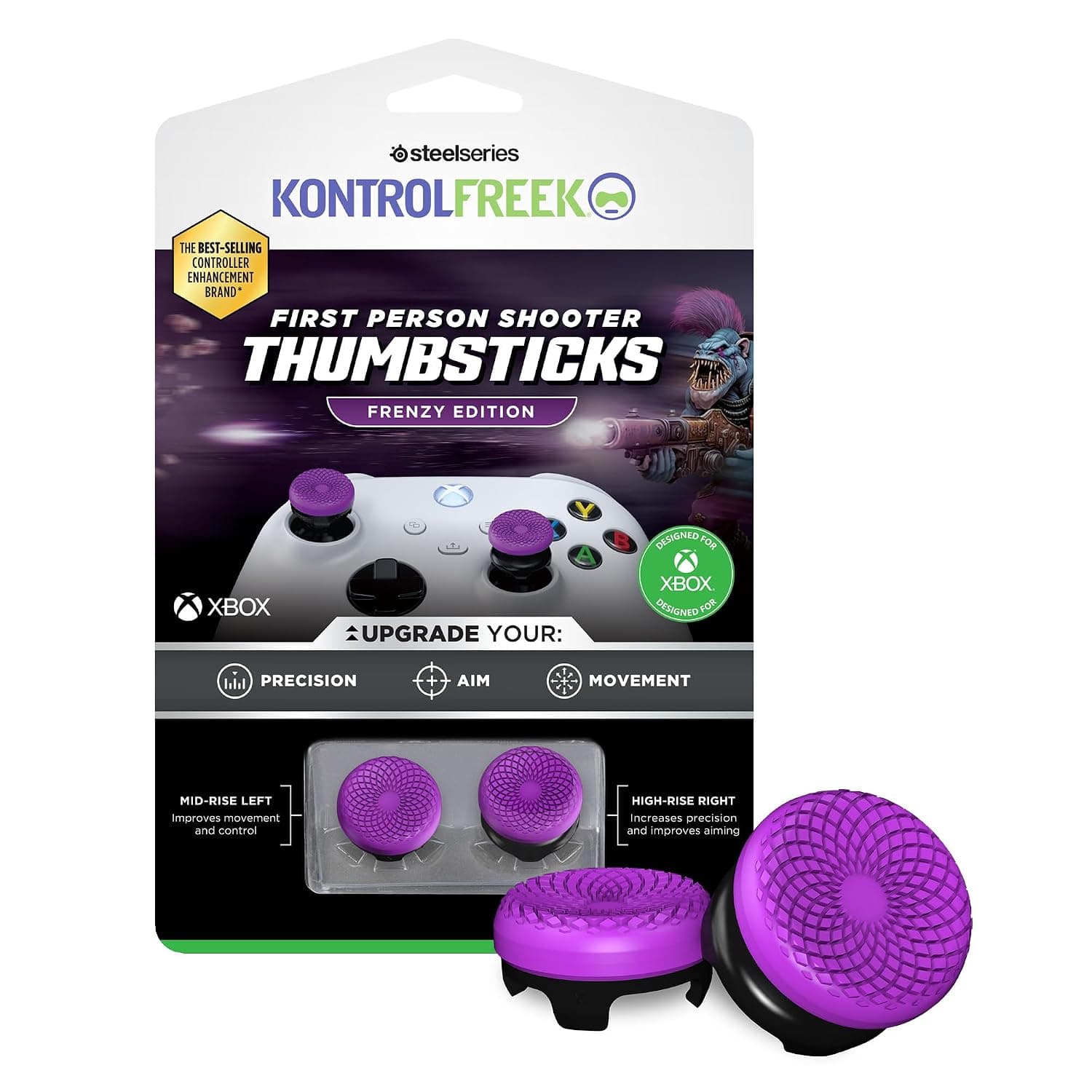 KontrolFreek FPS Freek Frenzy for Xbox One and Xbox Series X Controller, Performance Thumbsticks, 1 High-Rise, 1 Mid-Rise, Purple/Black