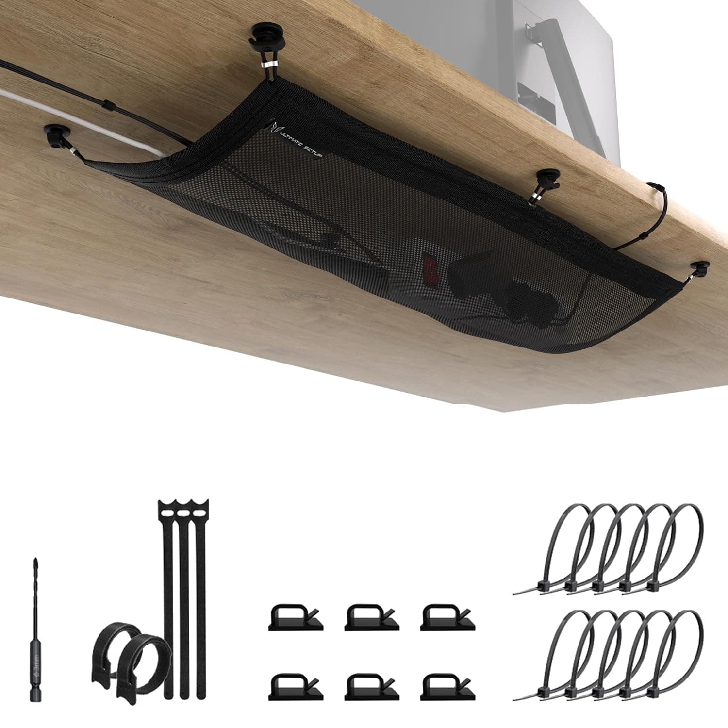 Under desk cable management net – Flexible cable tidy, 10 kg load, Black | Flexible mesh · Secure screw mounting · Holds cables and extension leads · Easy access from all sides · Desk wire organiser