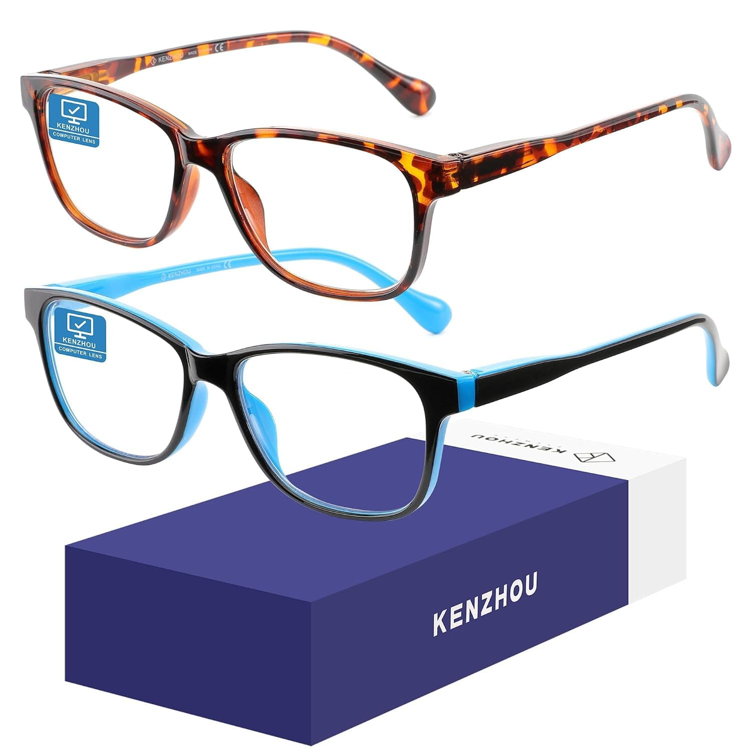 K KENZHOU Blue Light Blocking Computer Glasses 2 Pack Anti Eye Eyestrain Unisex(Men/Women) Glasses with Spring Hinges UV Protection (Twilight and Blue)