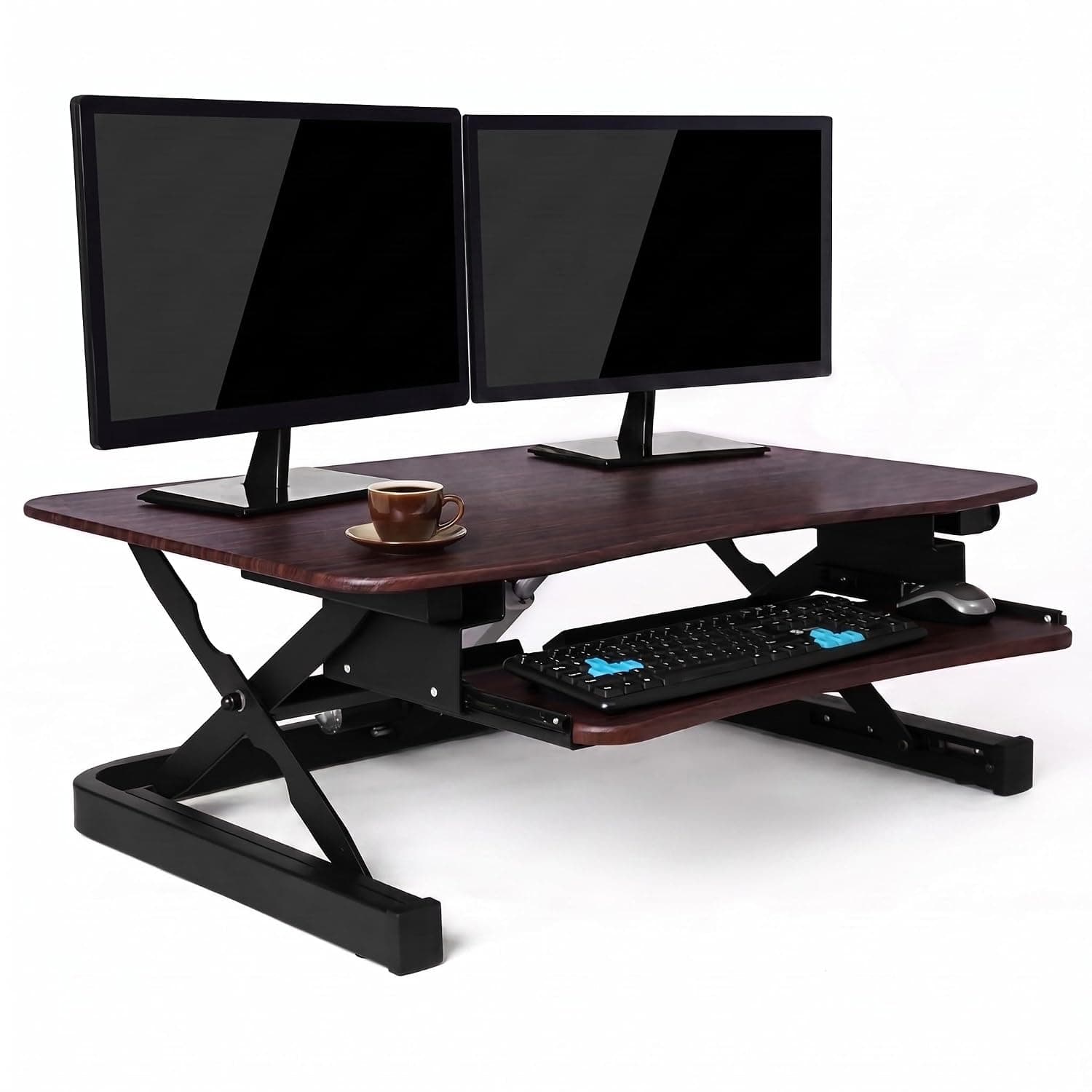 ApexDesk ZT Series Height Adjustable Sit to Stand Electric Desk Converter, 2-Tier Design with Large 36x24 Upper Work Surface and Lower Keyboard Tray Deck (Electric Riser, Walnut)