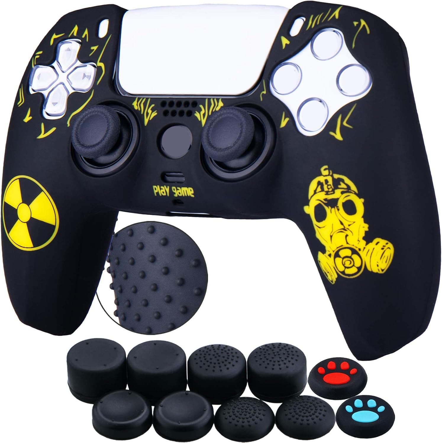 YoRHa Silicone Rubber Back Dots Carving Customizing Skin Cover for PlayStation 5 PS5 Controller x 1(Radiation Yellow) with Pro Thumb Grips x 10