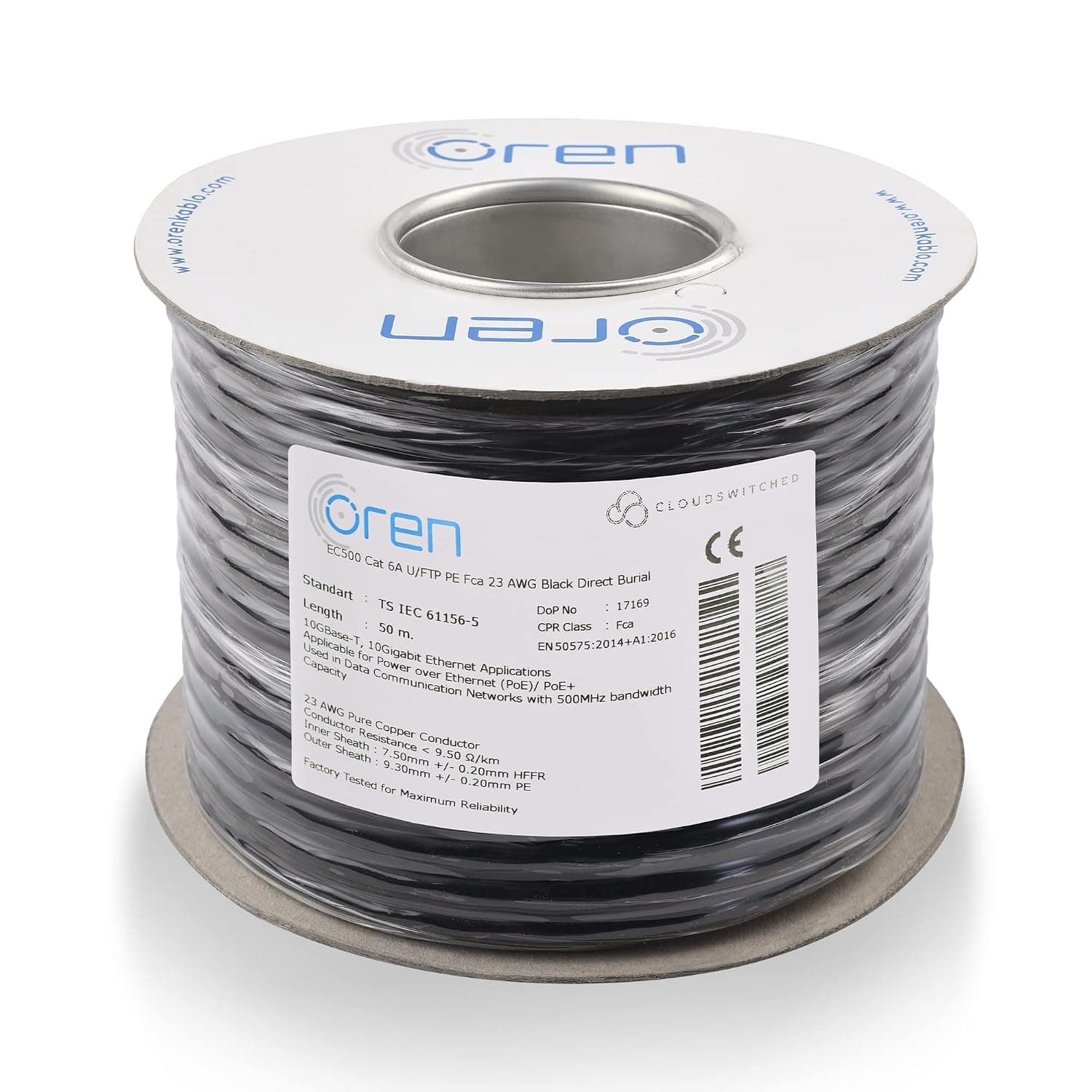 Oren CAT6A Outdoor Ethernet Cable 50m - Direct Burial - 23 AWG Pure Copper Wire - 500 MHz Bandwidth U/FTP Internet LAN Network Cable - Halogen Free, Non-Corrosive - 10GbE High Speed