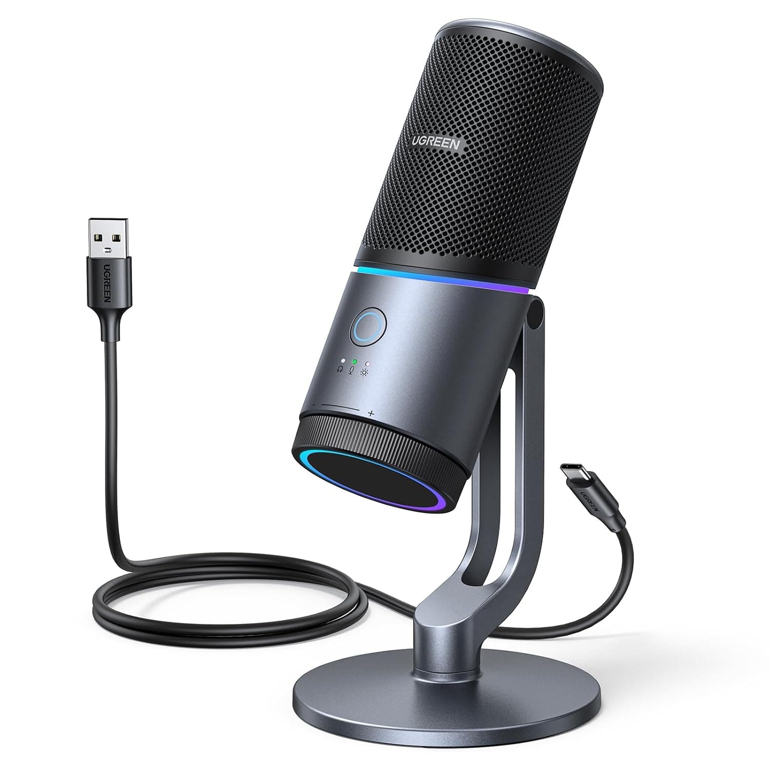 UGREEN USB Microphone 24bit/96KHz RGB Gaming Mic with Noise Reduction | Cardioid Condenser PC Microphone for Podcasting, Streaming, Recording with Quick Mute, Gain Knob for PS4/PS5/Mac/Laptop