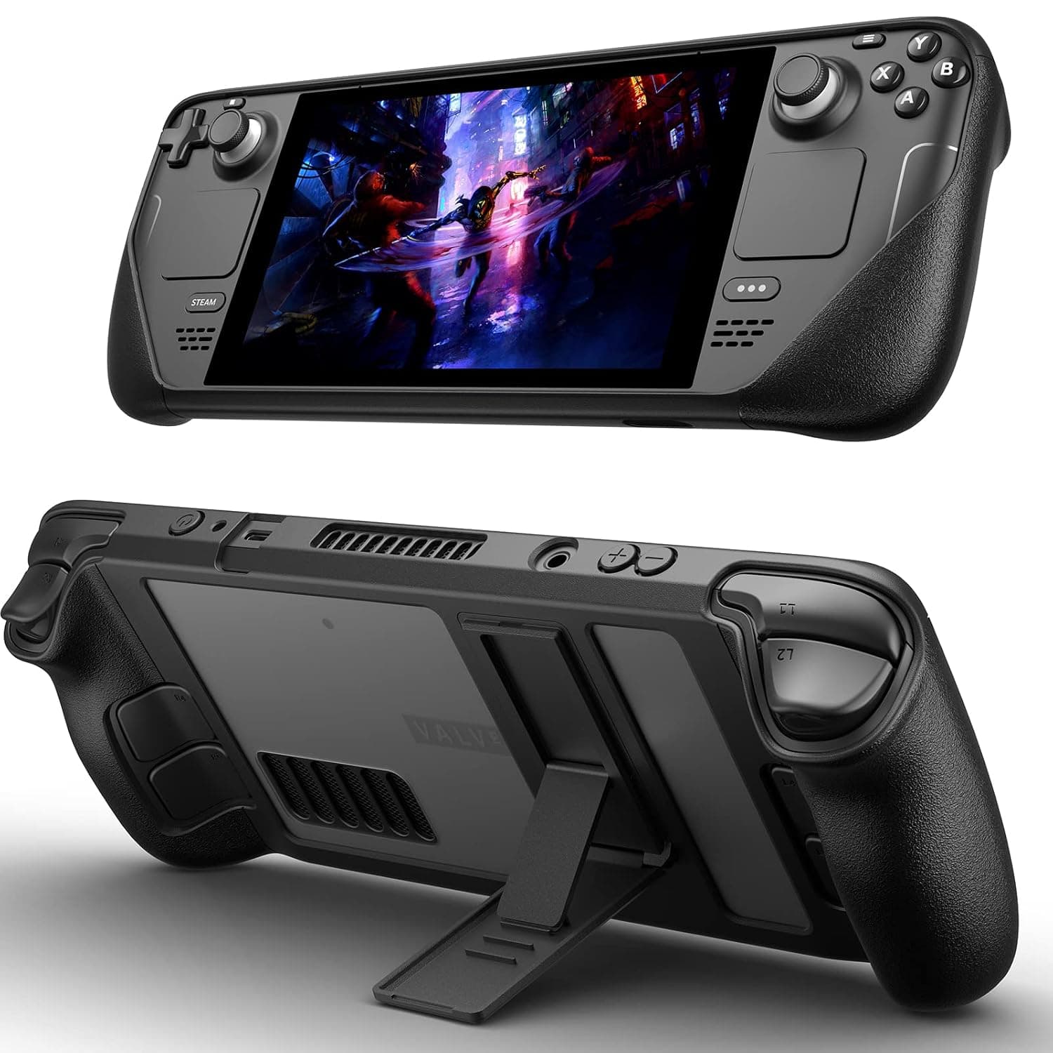 Kickstand Protective Case for Steam Deck and Steam Deck OLED, JSAUX PC0105 TPU Cover Protector with Stand Base, Shock-Absorption, Non-Slip and Anti-Scratch Design - Black | Upgrade The Adjustable Angle Stand Steam Deck Cover TPU Protective Case, Shock-Absorption, Non-Slip and Anti-Scratch Design