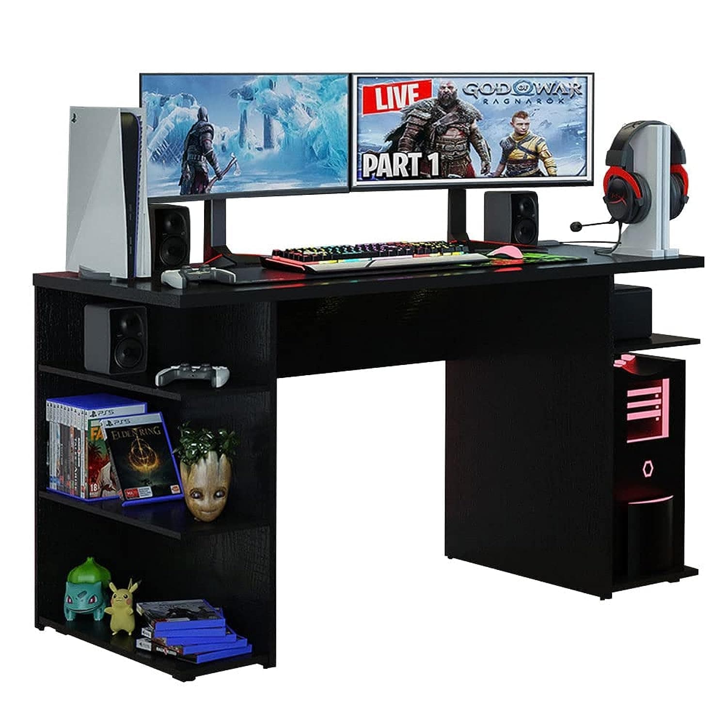 Madesa Gaming Computer Desk with 5 Shelves, Cable Management and Large Monitor Stand, Wood, 60 D x 136 W x 75 H cm - Black