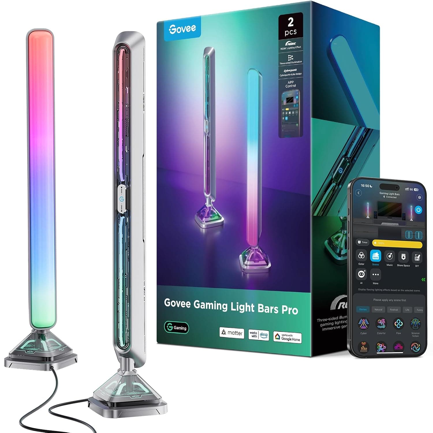 Govee RGBIC LED Gaming Lightbars, 16-M Color Three-Sided Cyberpunk Dimmable | Play Light Bar for PC, Monitor, Smart WiFi & Bluetooth, 70 Scene Modes , Compatible with Alexa & Google Home, 2-pack, Silver