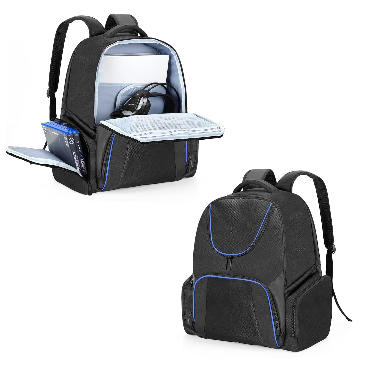 CURMIO Gaming Console Backpack Compatible with Xbox One, Xbox 360, PS5, PS4 and PS4 Pro, Travel Carrying Case with Pockets for Controller, Headset and Game Accessories, Blue (Patent Pending)