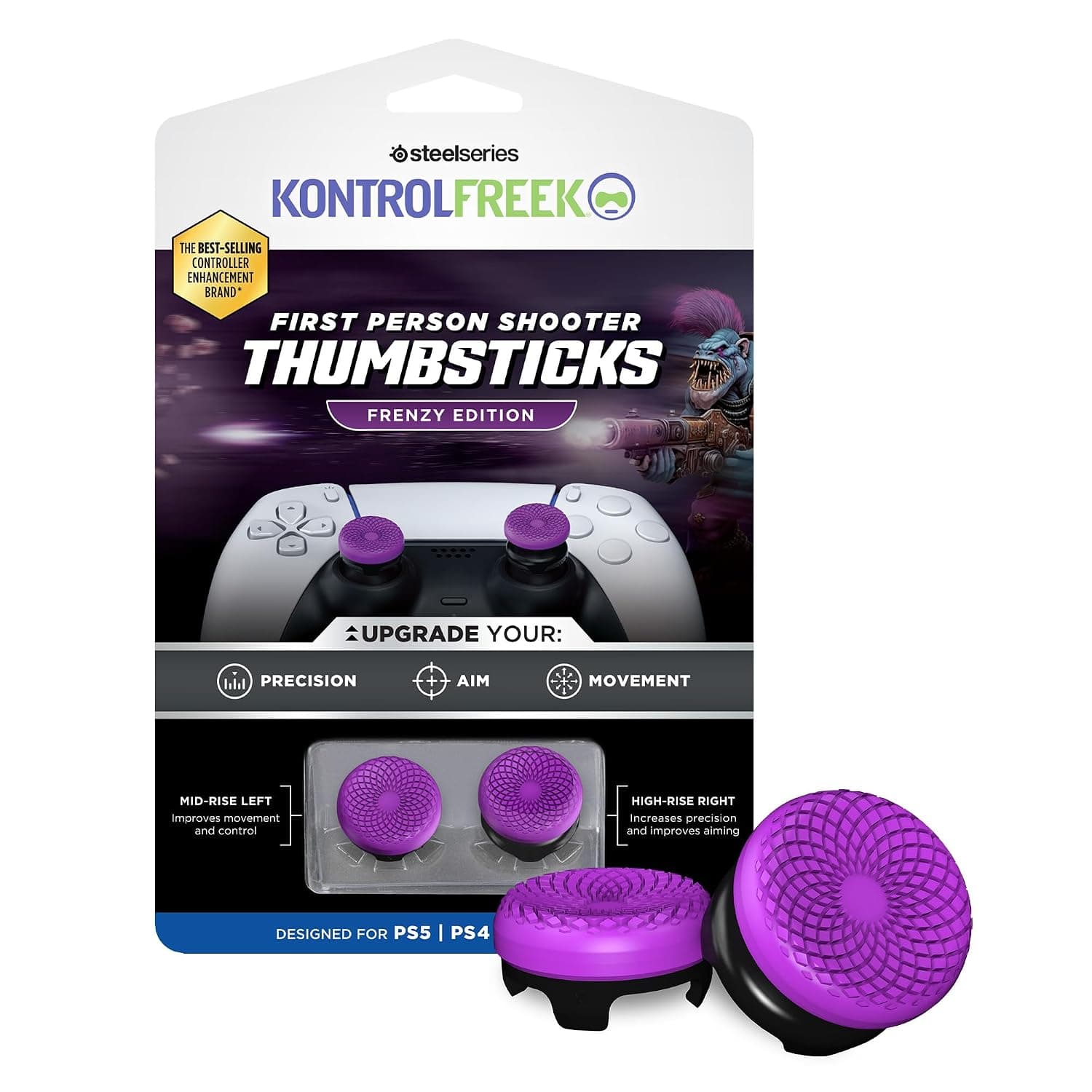 KontrolFreek FPS Freek Frenzy for Playstation 5, PS5 and Playstation 4, PS4 Controller, Performance Thumbsticks, 1 High-Rise, 1 Mid-Rise, Purple/Black