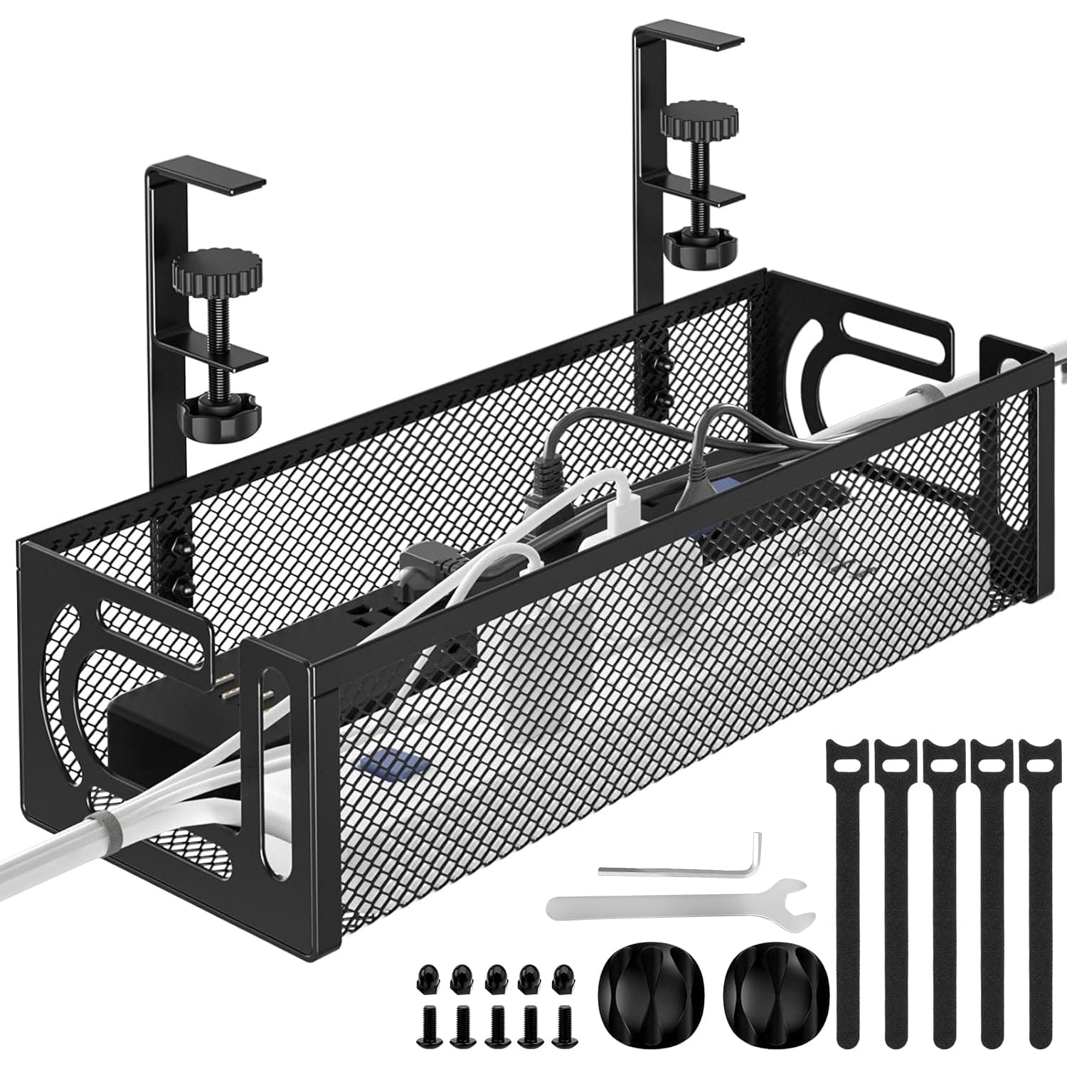 Tivddikun Cable Management, Under Desk Cable Management, Desk Cable Tidy | Cable Tray Under Desk, Under Desk Cable Management Tray No Drill with Clamp Mount, Cable Organiser for Home Office, Black