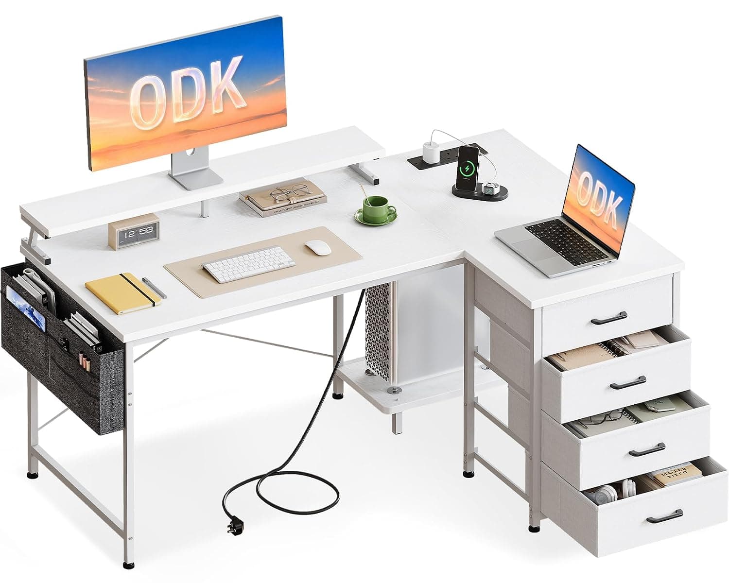 ODK L Shaped Computer Desk with Drawers & Monitor Stand, 140 x 80 cm, White | Corner Desk with USB Charging Port & Power Outlet, Home Office Desk with PC Stand & Storage Bag, Gaming Home Workstations