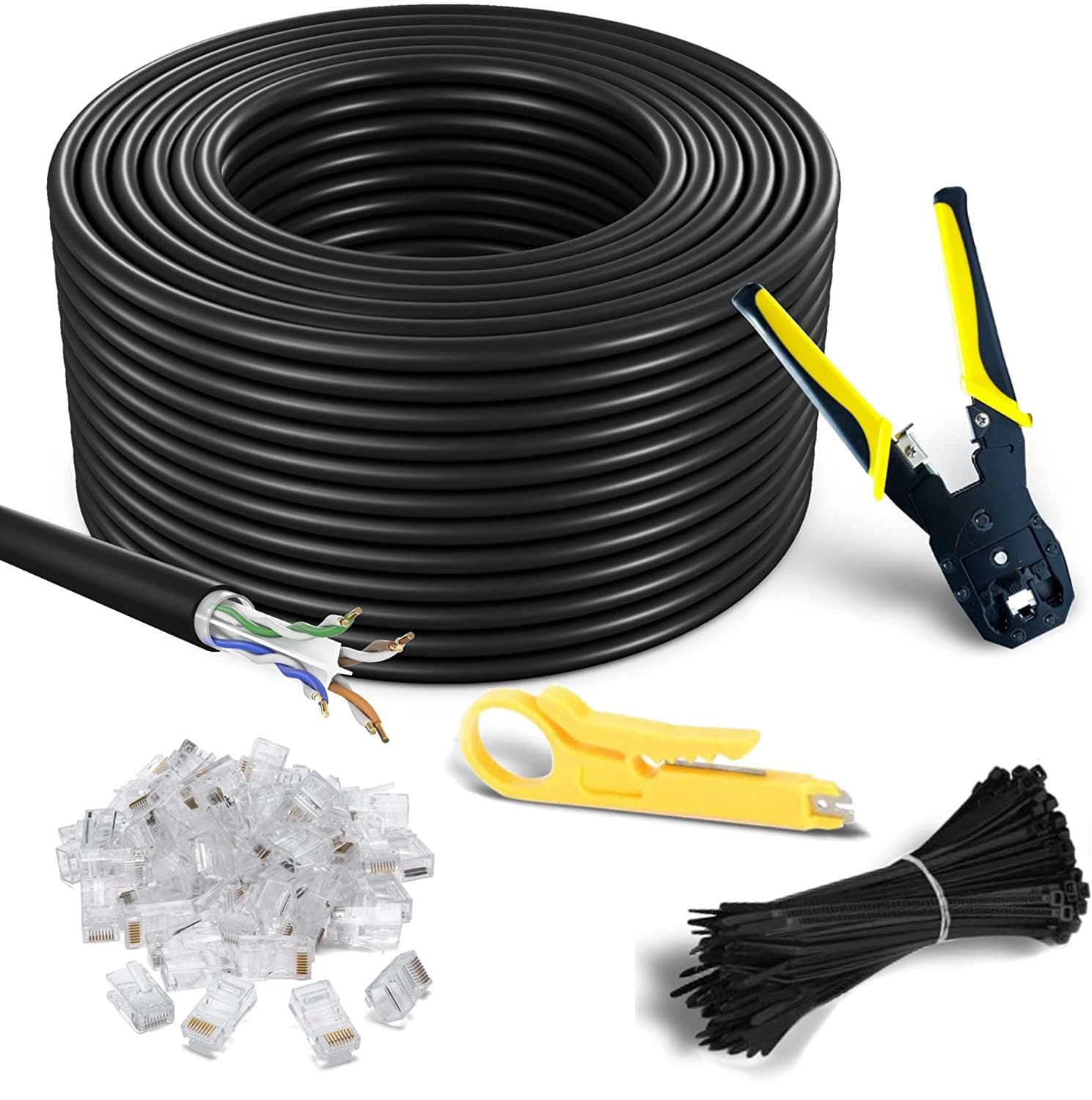 MutecPower 100m CAT6 Outdoor waterproof Direct Burial Ethernet Network Cable - UTP - CCA - 550 Mhz - Black 100 meter with Crimping tool RJ45 connectors and Cable Ties