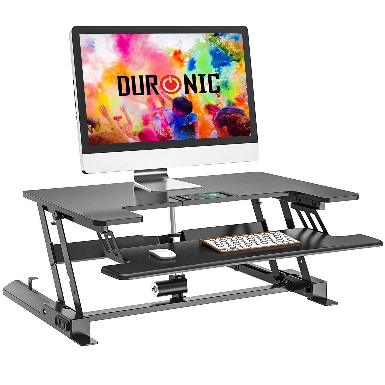 Duronic Electric Standing Desk Converter DM05D7 Adjustable Sit Stand Desks Workstation Wood Height Adjusting Sitting Riser for Office Table PC Laptops Computer Monitor Screen Keyboard and Mouse