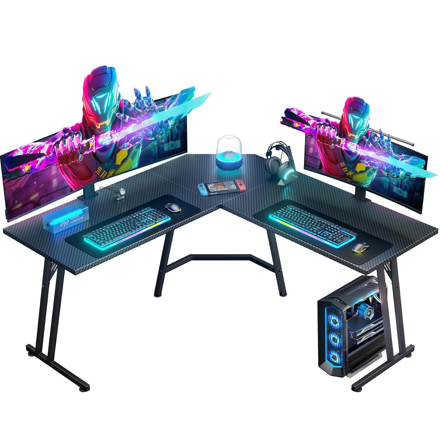 Precision Synergie L Shaped Gaming Desk 130x130x73cm Corner Gaming Desks with Carbon Fibre Computer Desk Large PC Table for Home and Office, Black(Without Monitor Stand)
