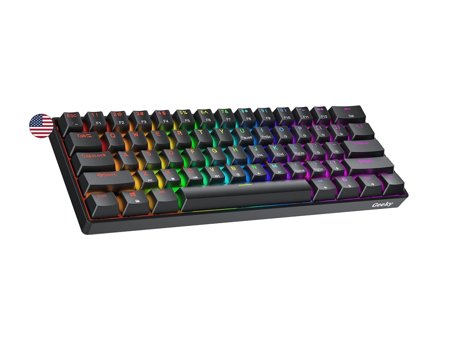 Geeky GK61 60% | Hot Swappable Mechanical Gaming Keyboard | 61 Keys Multi Color RGB LED Backlit for PC/Mac Gamer | ANSI US American Layout (Black, Mechanical Blue)