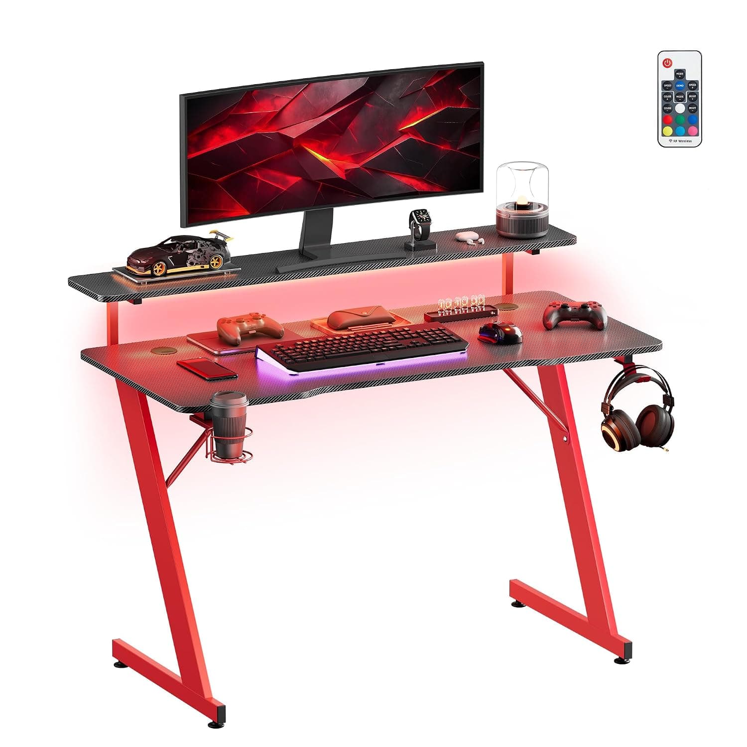 SONGMICS HOME Gaming Desk with LED Lights, Z-Shaped, Monitor Stand | Computer Desk with Cup Holder and Headphone Hook, for Home Office, Carbon Black and Ruby Red, BLOSS Collection LWD099B01