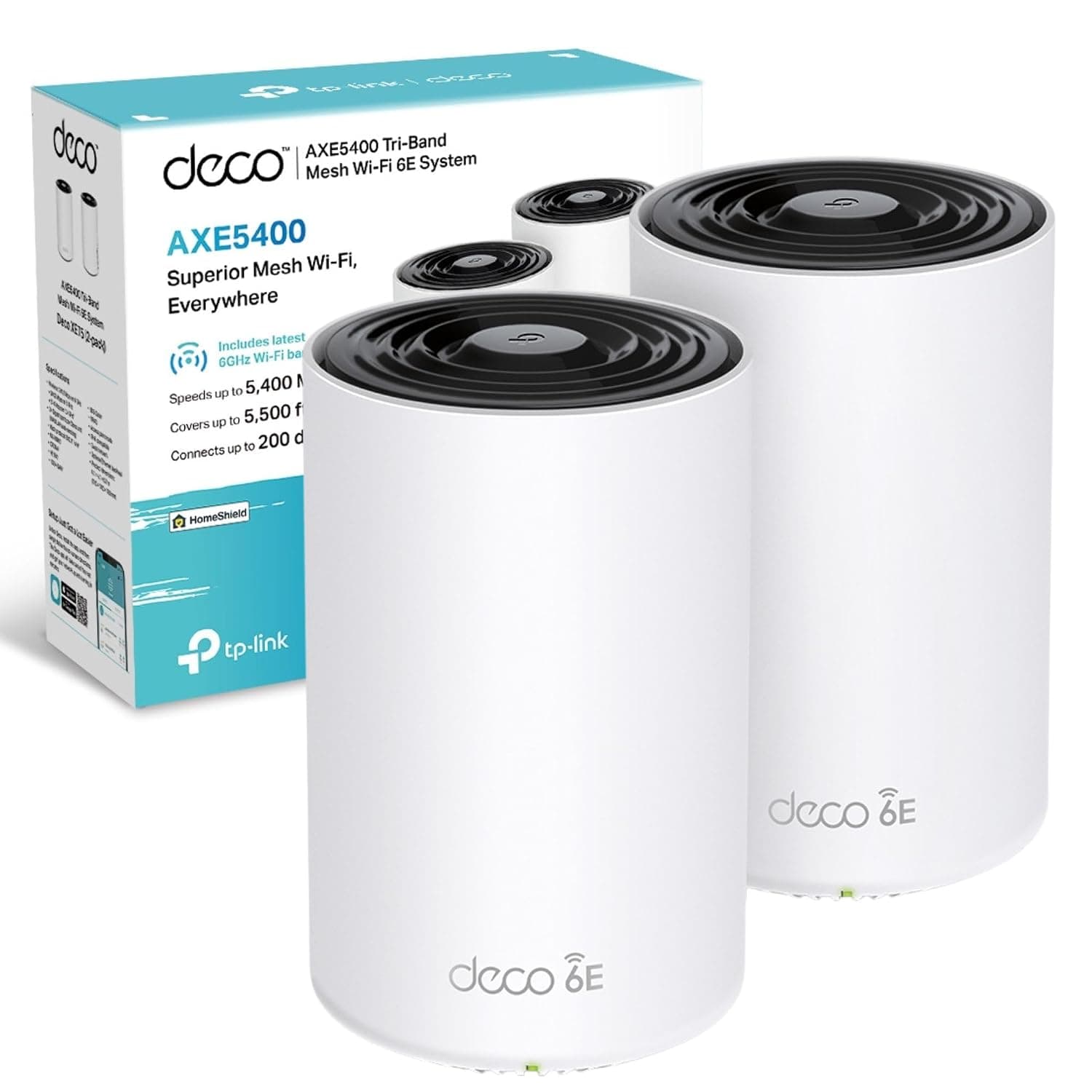 TP-Link Deco XE75(2-pack) AXE5400 Tri-Band Whole Home Mesh WiFi 6E System | 3 * Gigabit Ports, AI-Roaming WiFi Router Extender Booster, IoT WiFi, HomeShield, VPN, Easy Setup, Alexa & Google