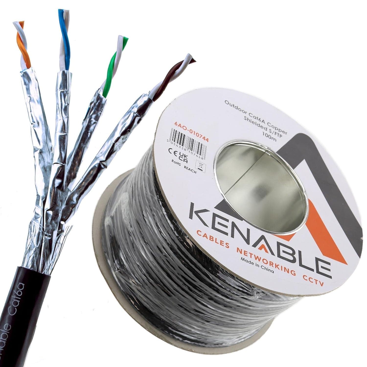 kenable External Shielded CAT6A Ethernet Cable S/FTP Outdoor Copper Network Lead Reel 100m Black
