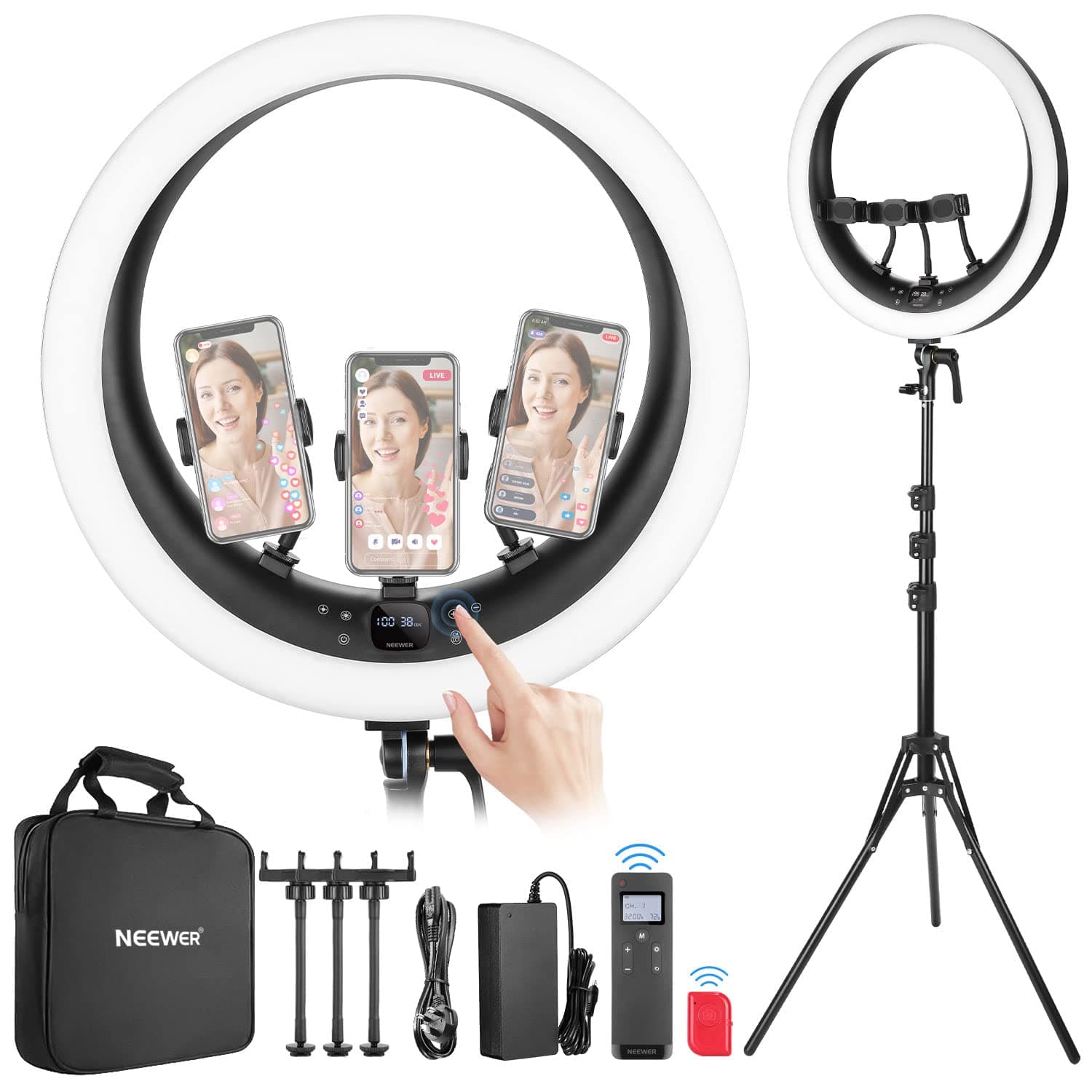 NEEWER Ring Light RP19H 19 inch with Tripod Stand 3 Phone Holders Compatible with iPhone, Upgraded 2.4G Touch Control Ringlight for Video Recording Streaming Home Office Zoom Selfie Makeup Lighting | Upgraded 2.4G Touch Control, Ringlight for iPhone Video Recording, Streaming, Home Office, Zoom, Selfie, Makeup Lighting