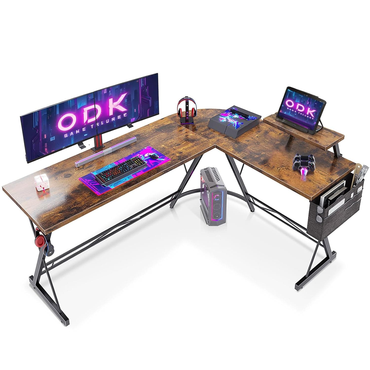ODK Gaming Table, Gaming Desk Corner Desk for Gamers, Desk L Shape with Monitor Stand for Office (Vintage Brown, 167 x 120 cm)