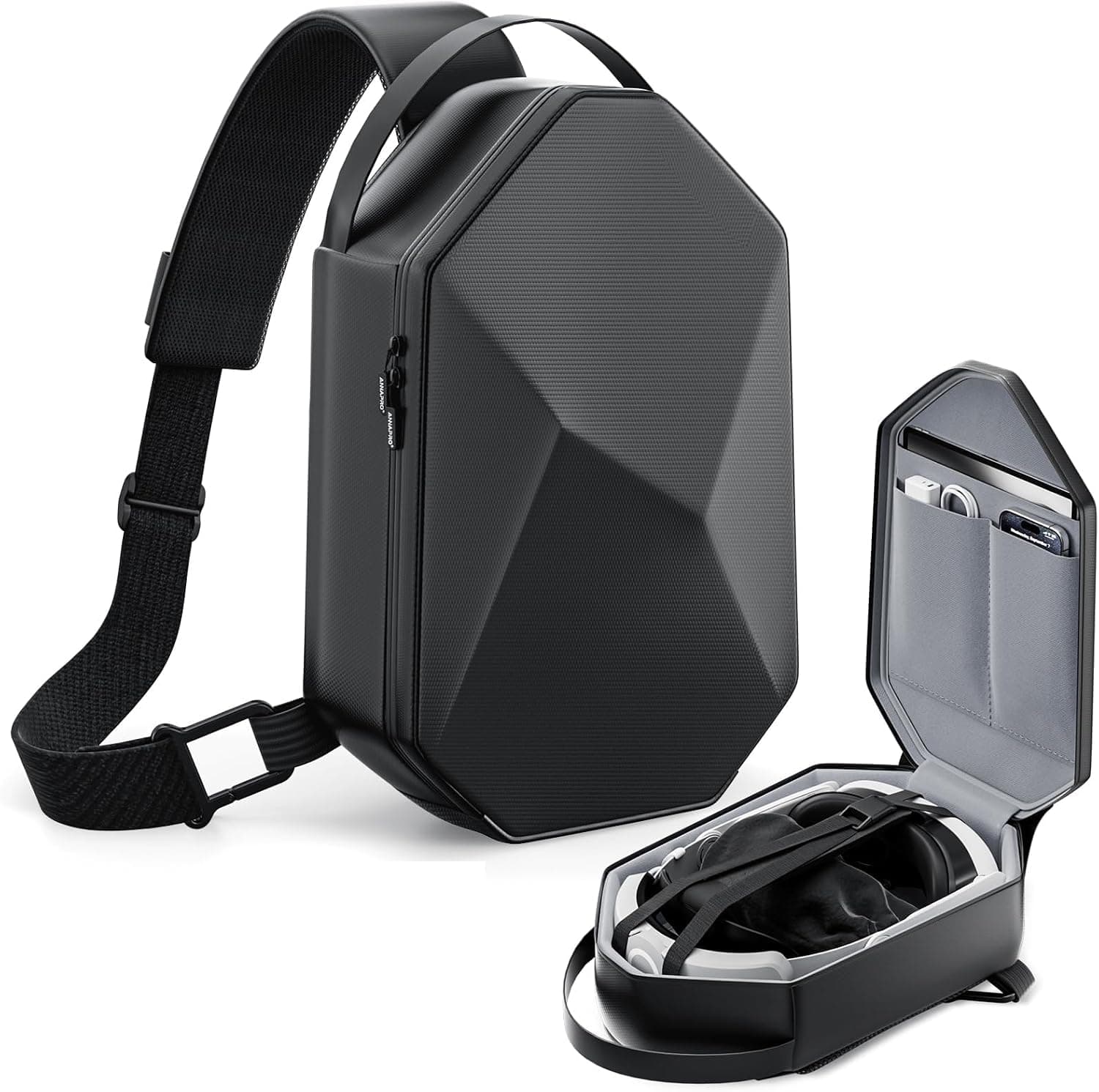 Carrying Case for Meta Quest 3S/Quest 3/Quest 2/Vision Pro/Pico 4, Hard Travel Case Compatible with Kiwi Design/BOBOVR Elite Battery Strap and Controllers Accessories, Crossbody Shoulder Backpack