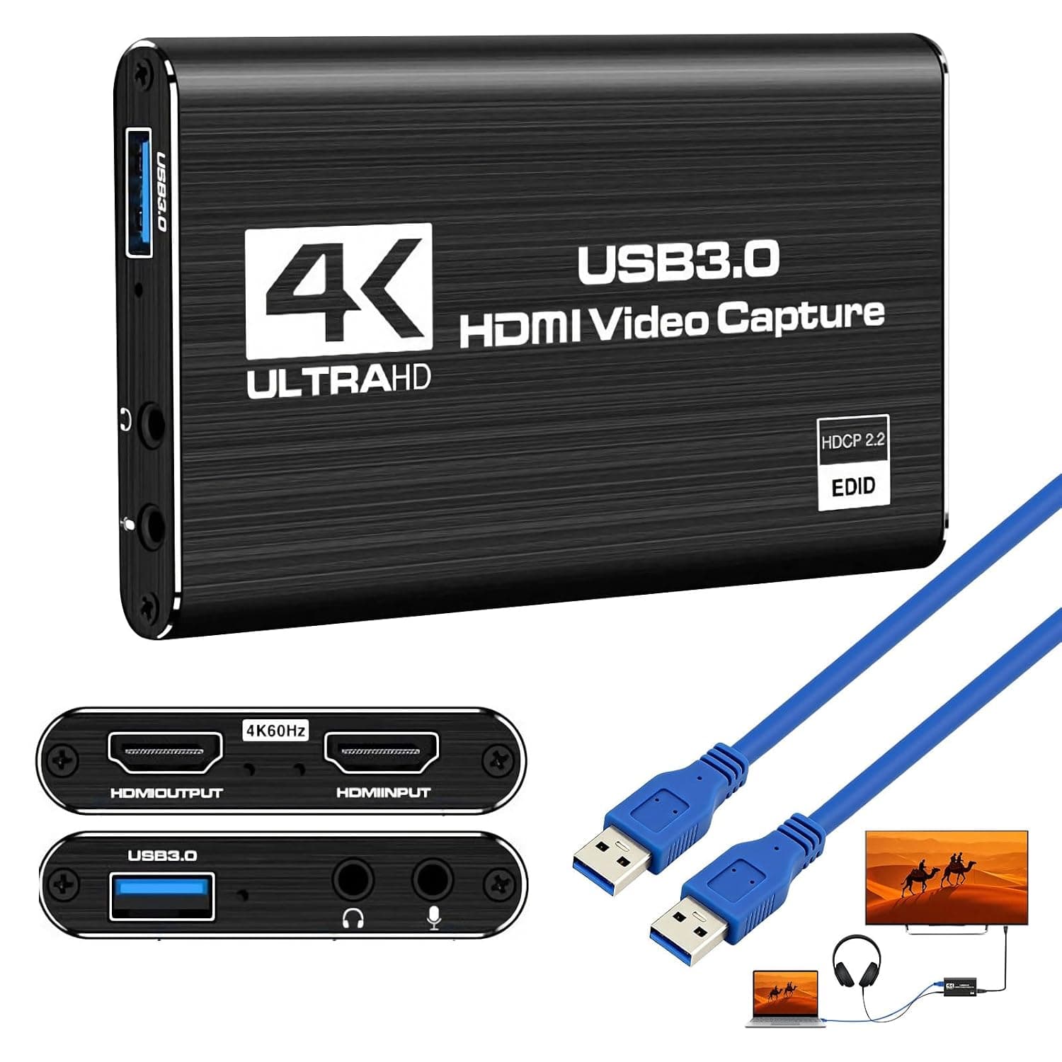 4K HDMI Video Capture Card,USB 3.0 Video Capture Device Full,HD 1080P 60FPS Game Recording for Streaming Recording PS5, PS4,Xbox,Camera PC,Nintendo Switch,OBS (Black)