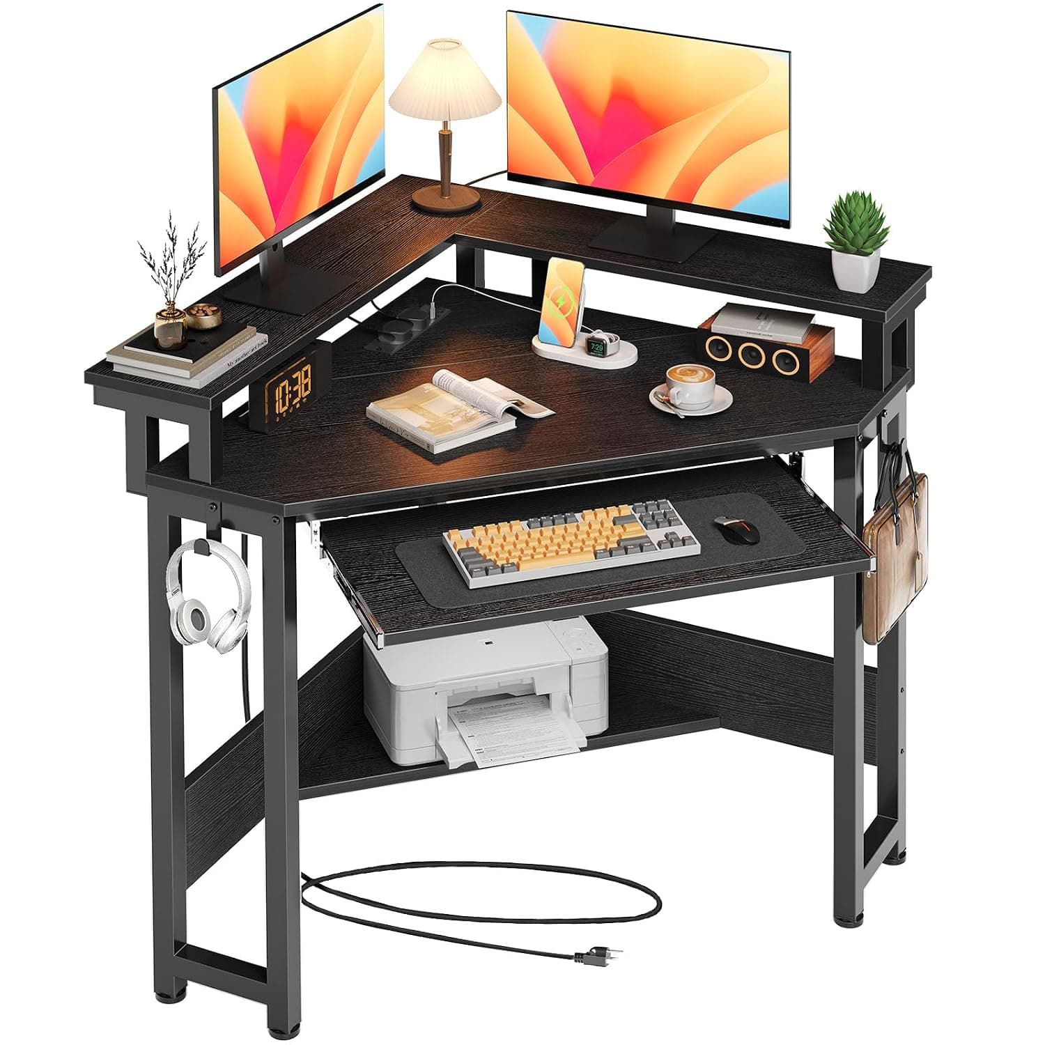 Rolanstar Corner Desk,113 x 87cm Small Computer Desk with Power Outlets, Gaming Desk with Monitor Stand & Keyboard Tray, Triangle Corner Table Study Workstation for Small Space, Home Office (Black)