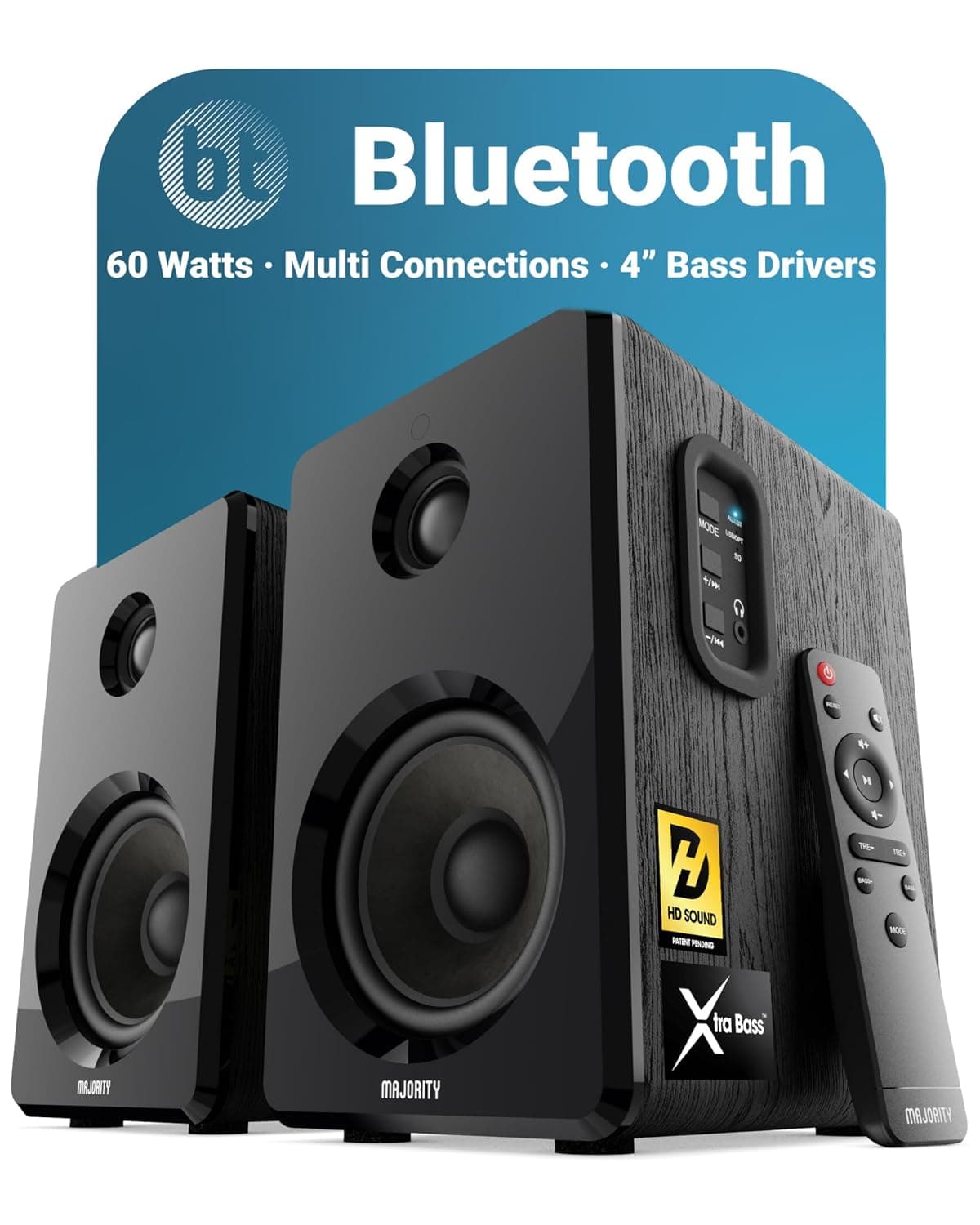 MAJORITY D40 | Active Bluetooth Bookshelf Speakers | Amplified HiFi Speakers with 60W 2.0 Channel 4" Drivers | Powered Studio Loudspeakers with Optical, USB & AUX Input | Remote Control Included