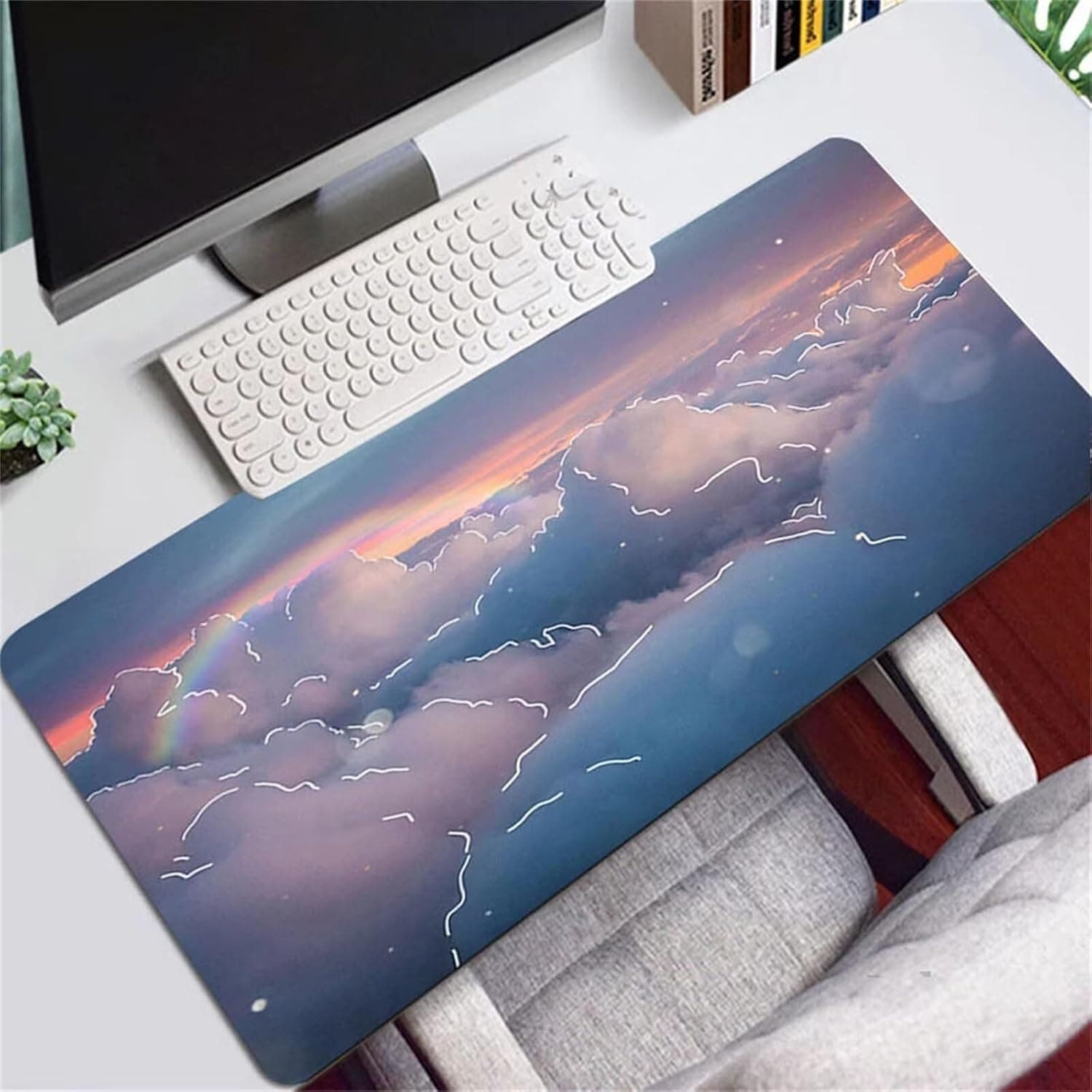 Cekog Gaming Mouse Pad,Large Mouse Mat XXL 400x600x2mm,Extended Mousepad Rubber Water-Resistant surface,Desk Protector Mat with Anti-Slip Base for Home Office Gaming Room(Rainbow White Cloud)
