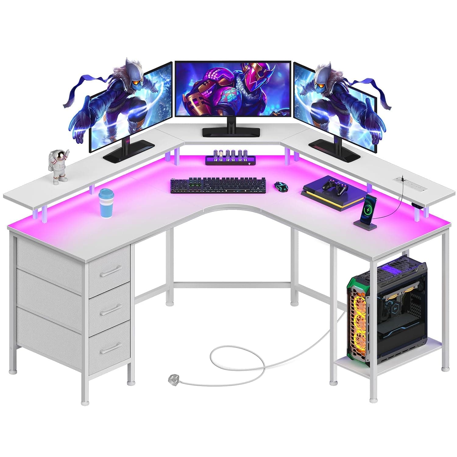 Seventable L-Shaped Gaming Desk, Corner Computer Desk with LED Lights & Power Outlets, 3 Fabric Drawers & Storage Shelf, Writing Table for Home Office, PC Gaming (White, 135 x135 x 88cm)