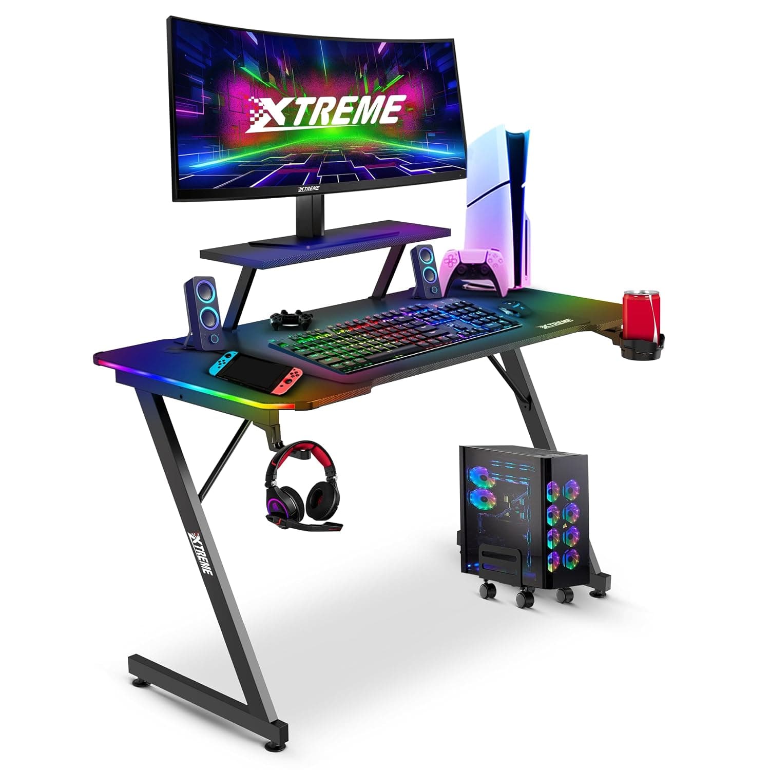 Olsen & Smith Compact Gaming Desk 120x60 Carbon Fibre Effect & RGB Lights | Compact PC Computer Gaming Desk 120x60cm , RGB LED Lights & Effects , Monitor Stand , Cable Management (Black)